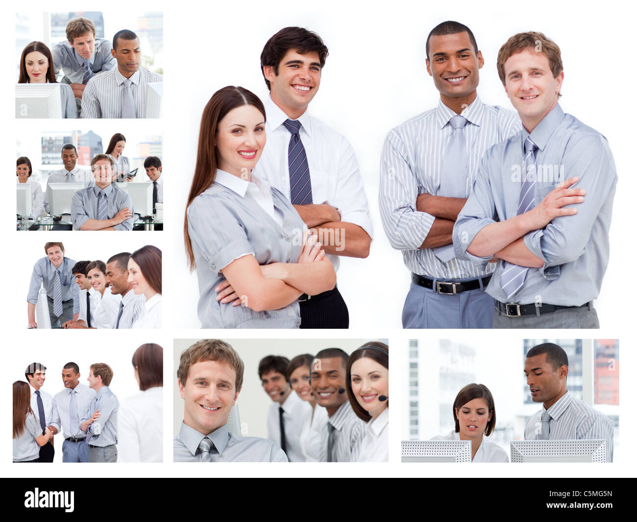 Collage of businesspeople in several situations Stock Photo