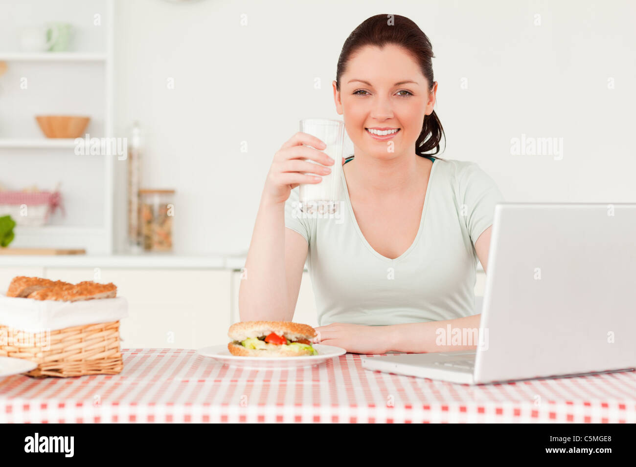 Beautiful woman relaxing on her laptop and posing Stock Photo