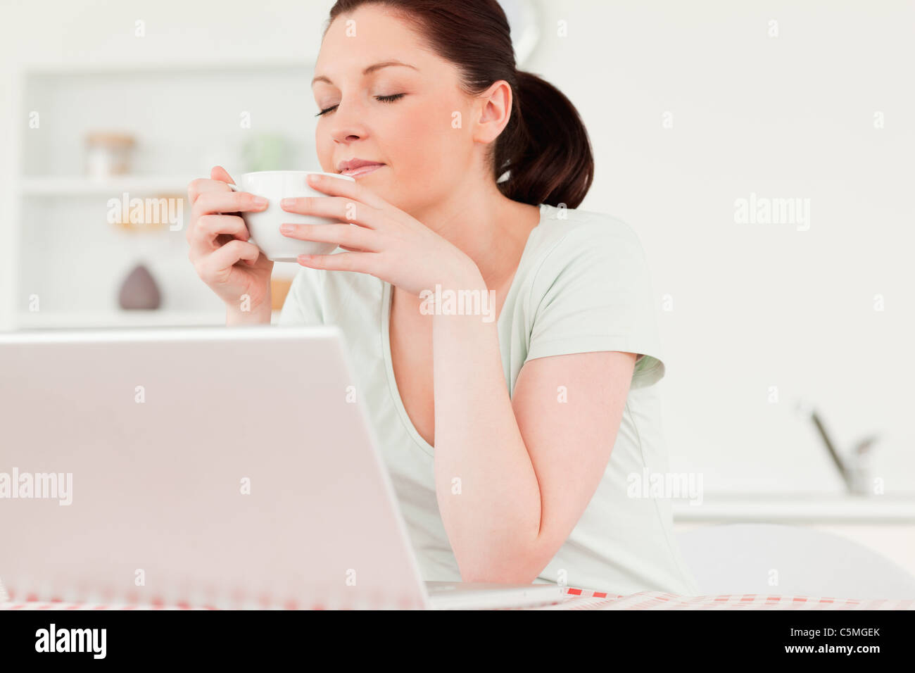 Good looking woman relaxing on her laptop while drinking a cup of tea Stock Photo