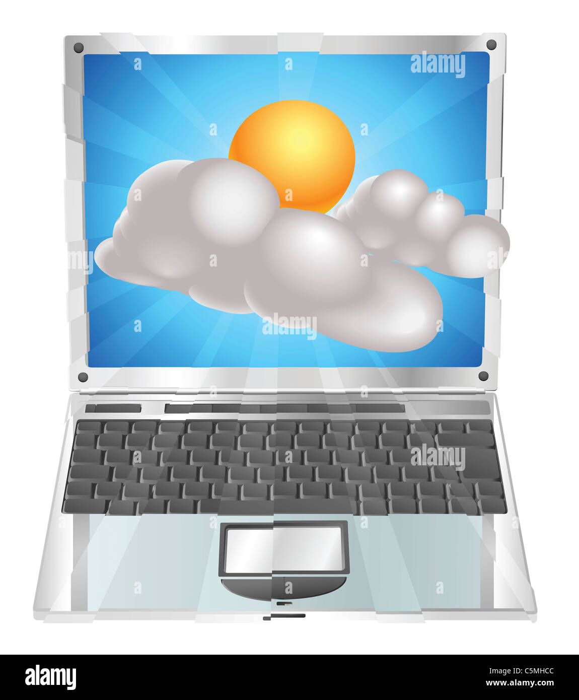 Weather sun and cloud icon coming out of laptop screen concept Stock Photo