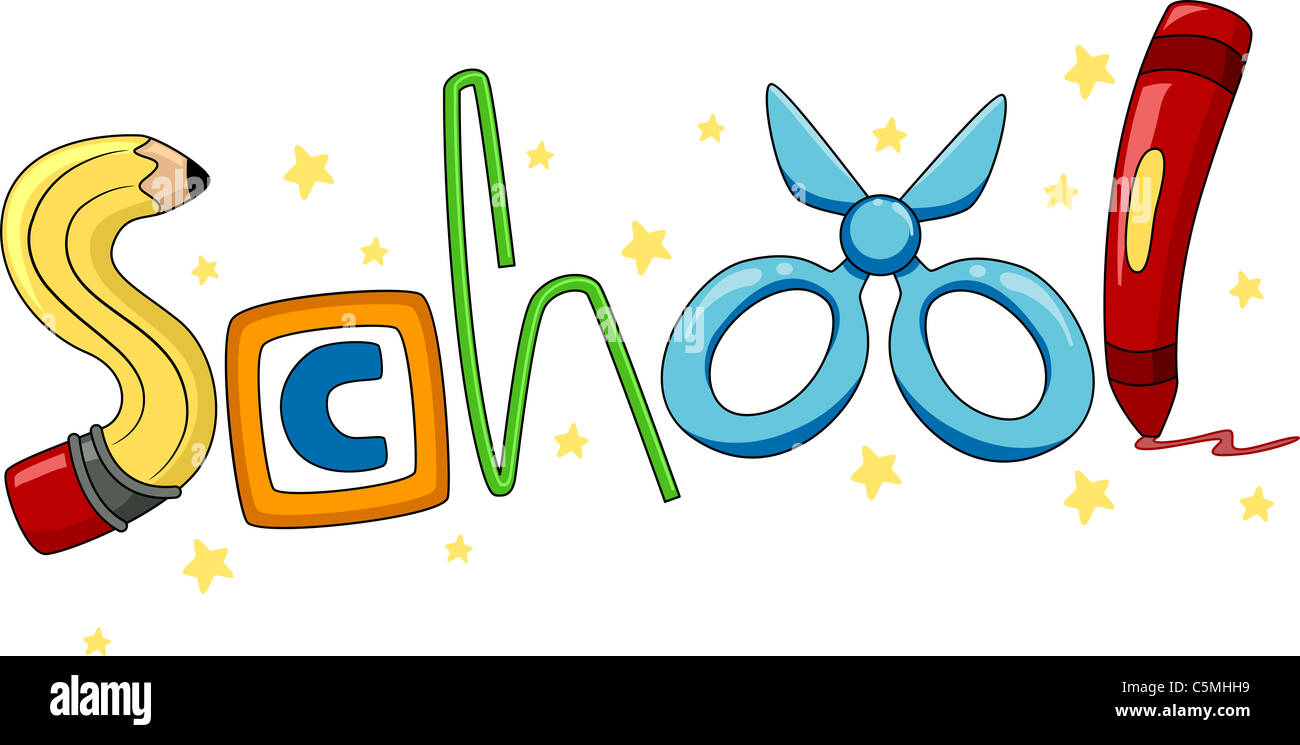 Illustration of School Materials Forming the Word School Stock Photo