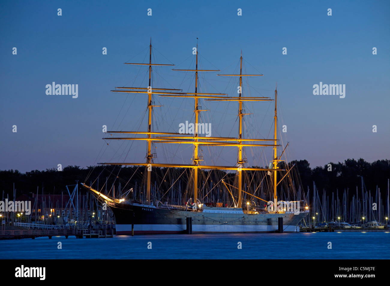 The four-masted steel barque Passat at night. Travemuende, Schleswig-Holstein, Germany. Stock Photo