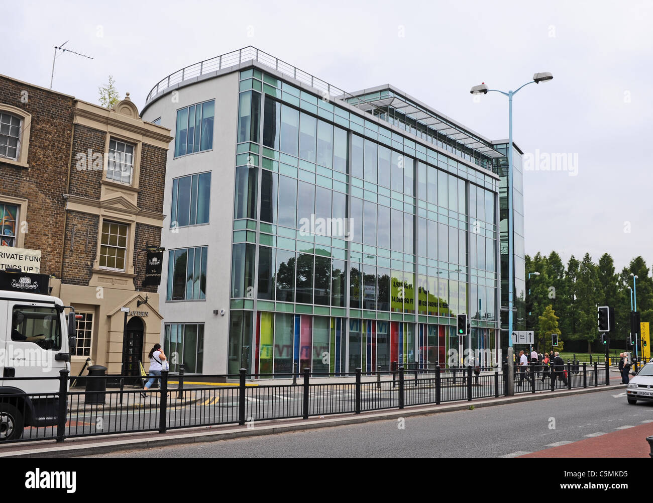 Empty modern office block and building to let in Chiswick High Road West London UK Stock Photo