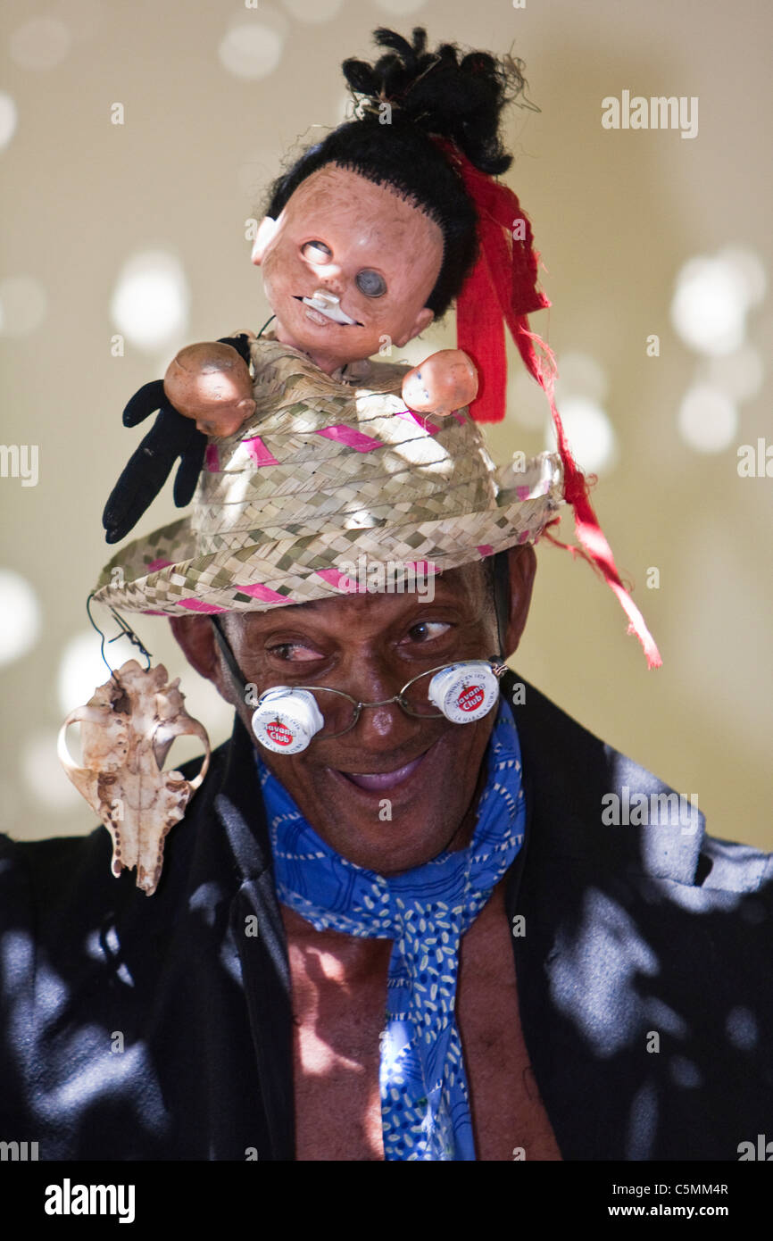 Cuba, Trinidad. Cuban Comedian Dancer at an Outdoor Cafe. Stock Photo