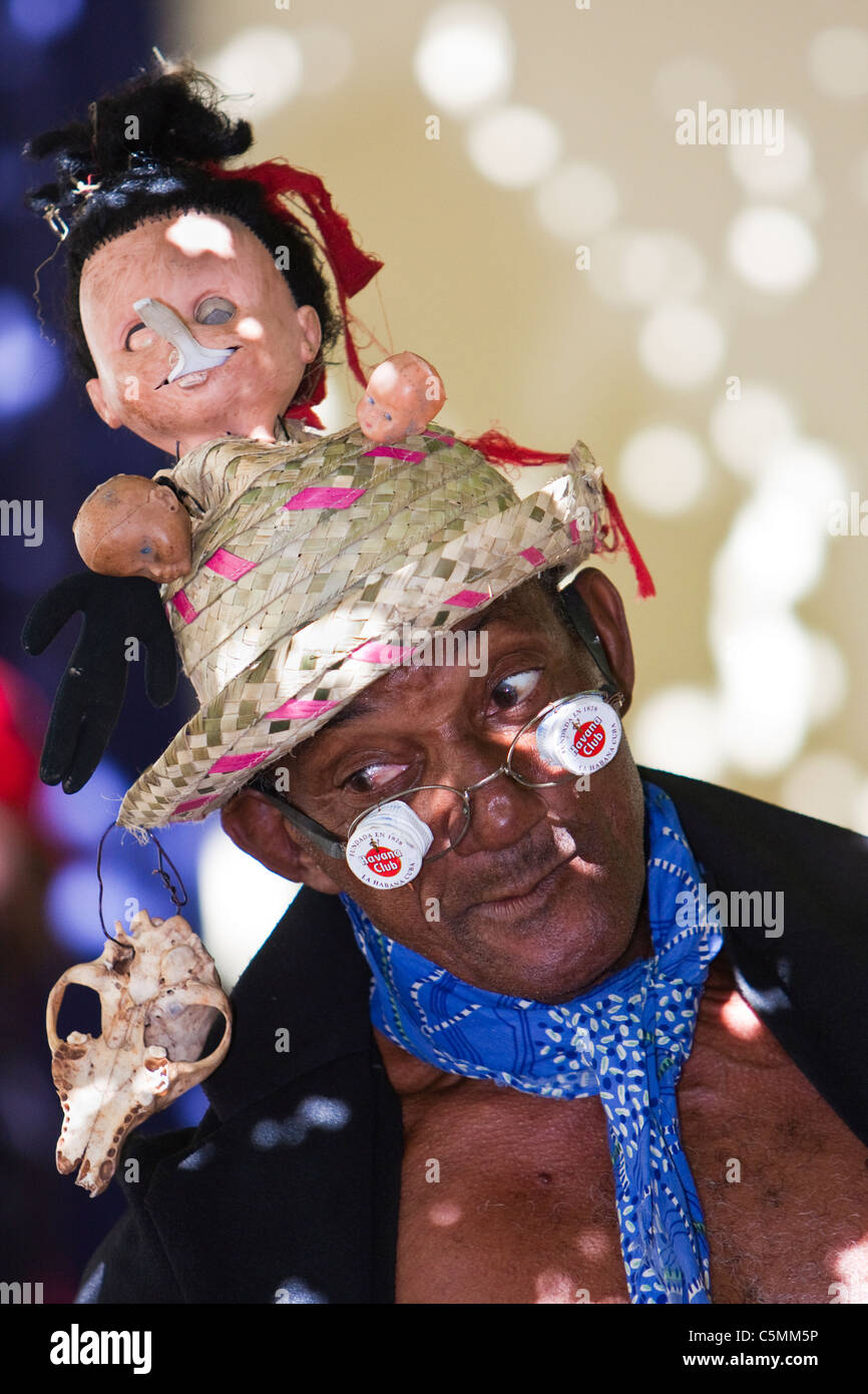 Cuba, Trinidad. Cuban Comedian Dancer at an Outdoor Cafe. Stock Photo