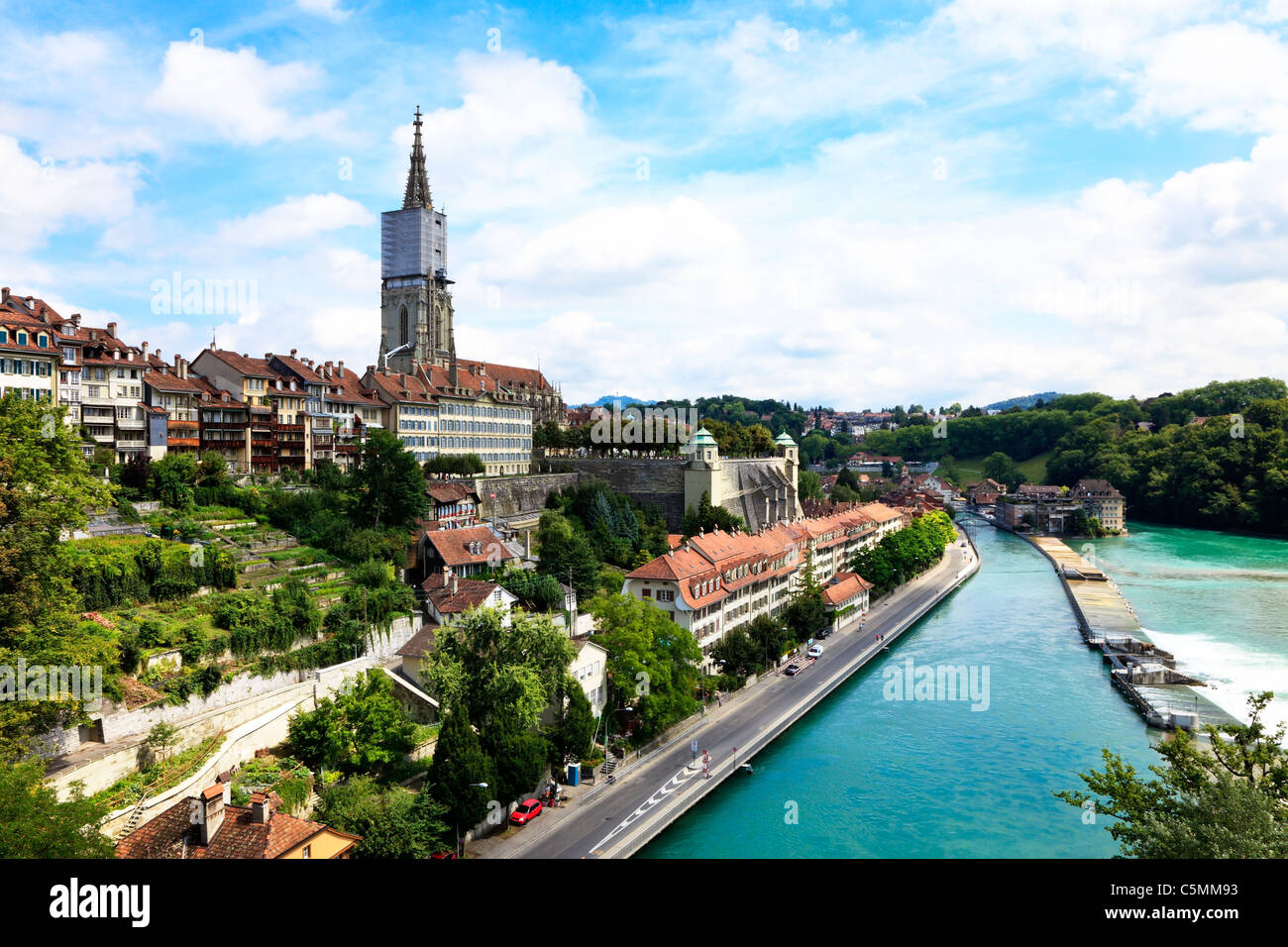 Bern, the capital of Switzerland. Panorama with cathedral and river Aare. Stock Photo