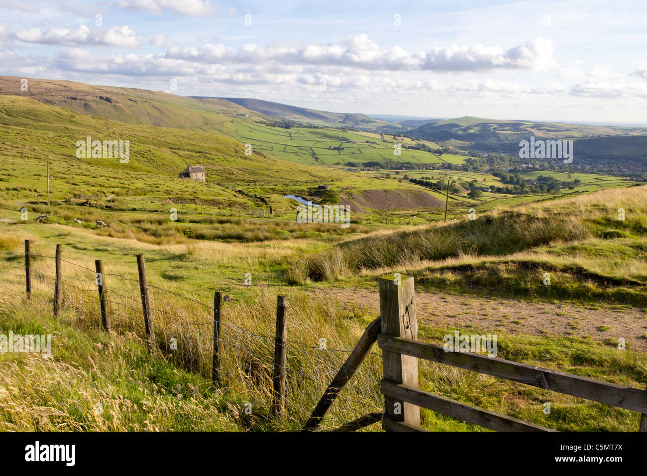 Brun Clough on Marsden Moor in the Pennines, England, UK looking towards Diggle, Uppermill and Harrop Dale Stock Photo