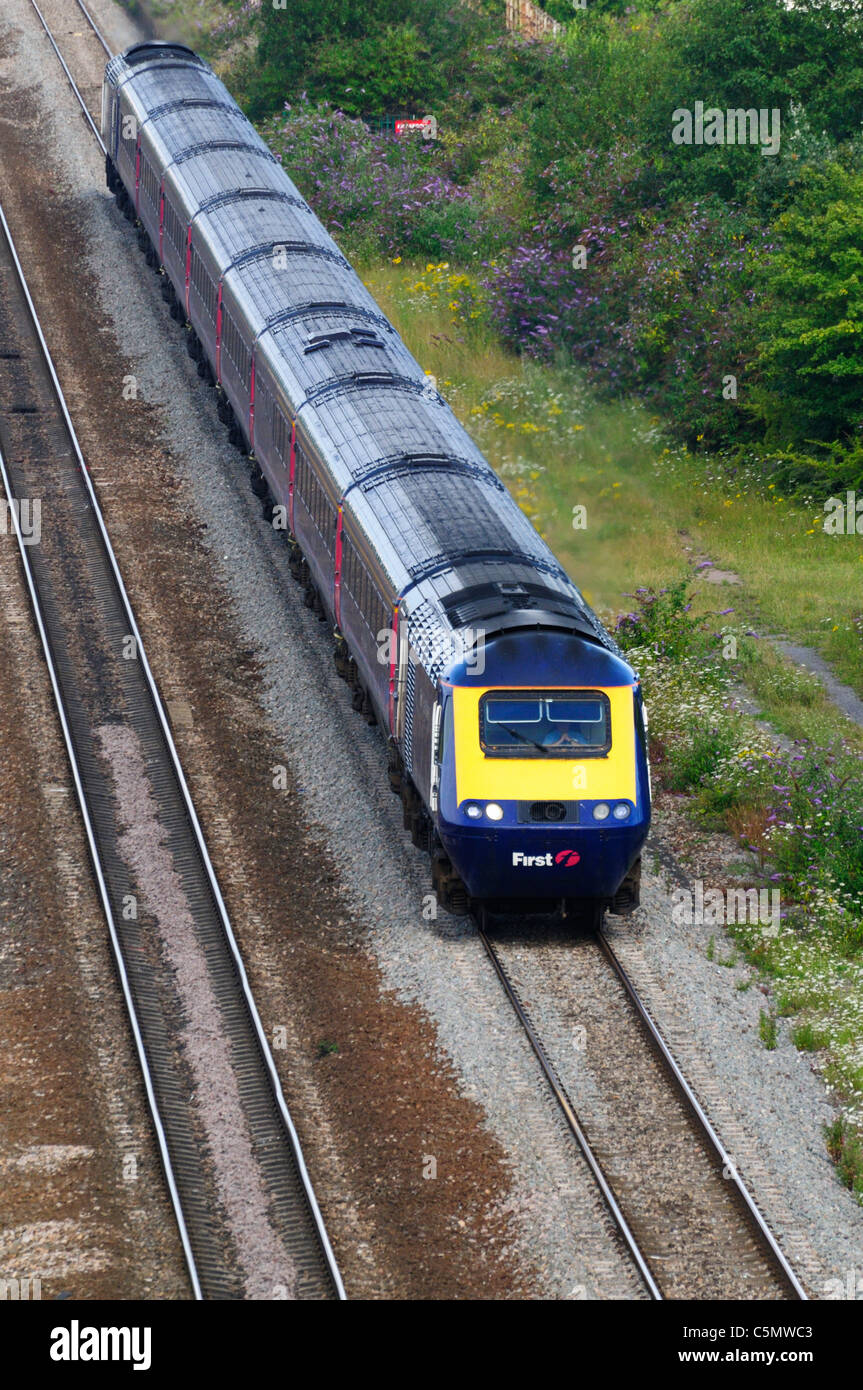 A first Great Western HST train traveling along the mainline from Bristol to London Stock Photo
