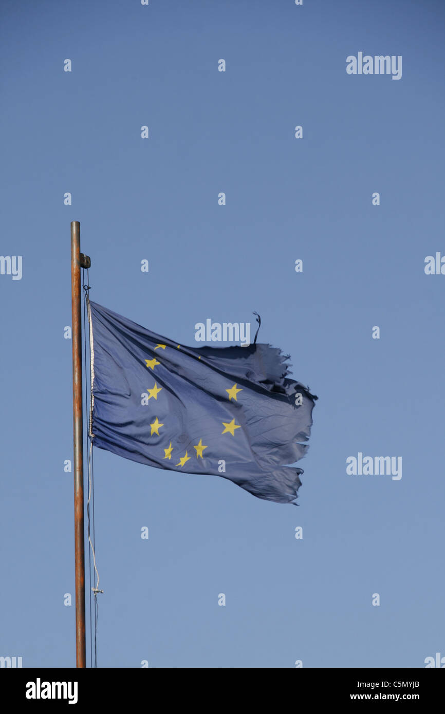 one european union flag flying in the wind in sun Stock Photo - Alamy