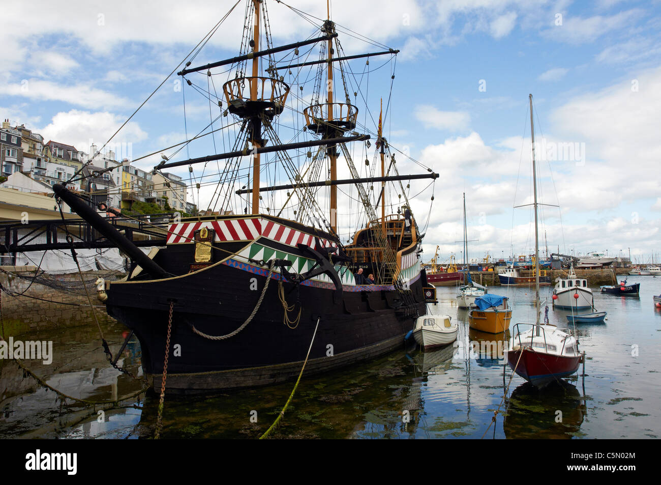 Replica of Francis Drake's ship the Golden Hind in Brixham harbour, Devon, England Stock Photo