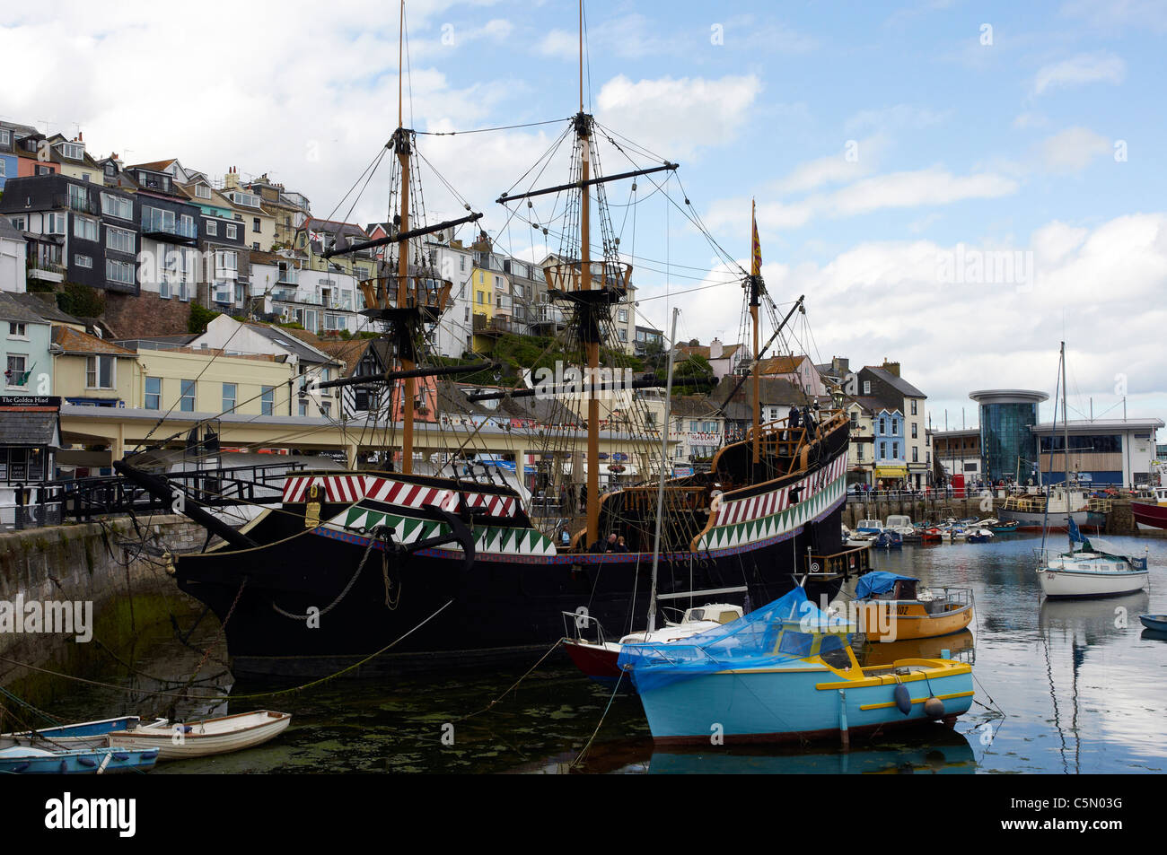 Replica of Francis Drake's ship the Golden Hind in Brixham harbour, Devon, England Stock Photo