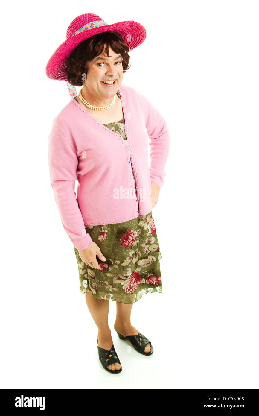 Humorous photo of a man dressed as a woman. Full body isolated on white.  Stock Photo