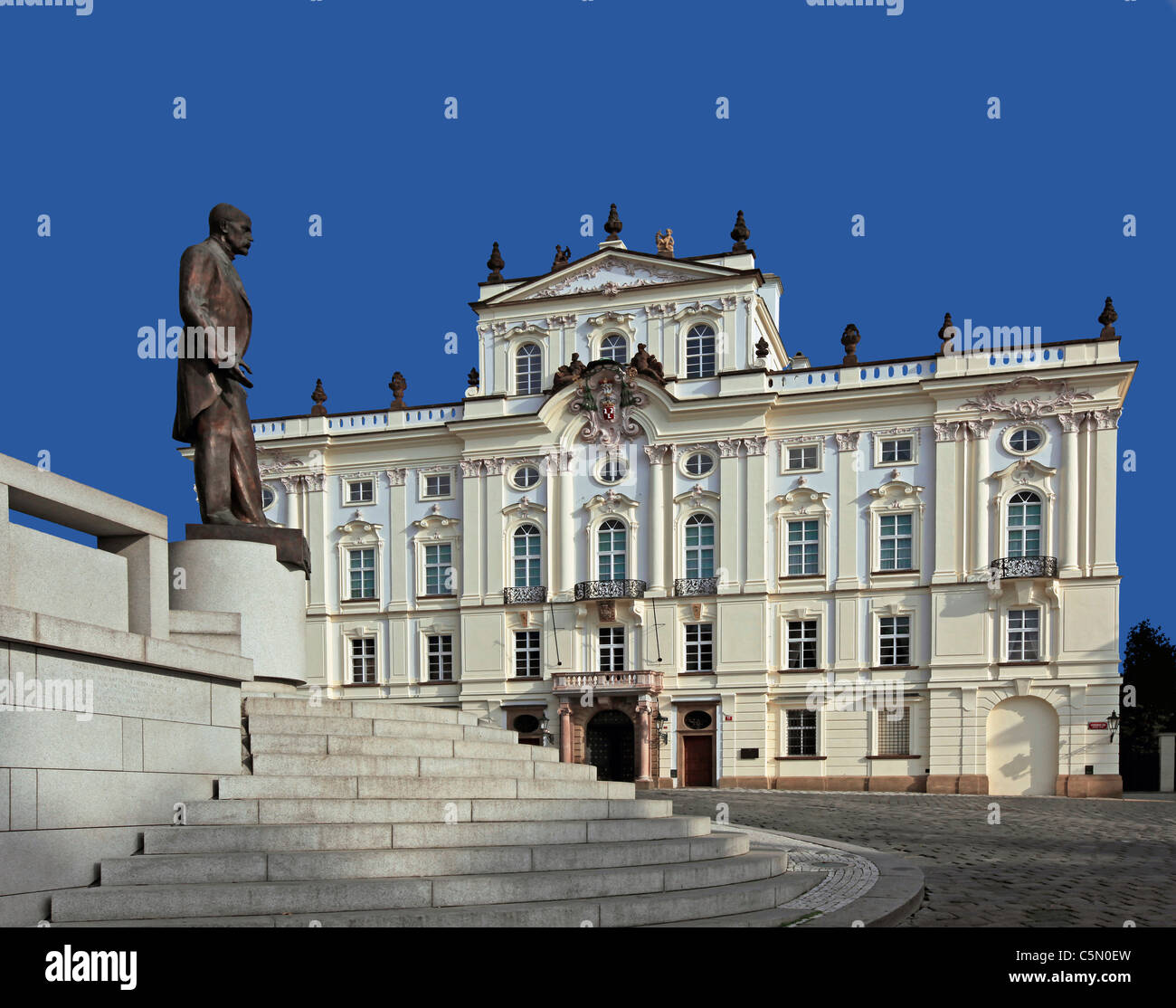 Prague - Archbishop Palace and T.G. Masaryk statue at Hradcany Stock Photo