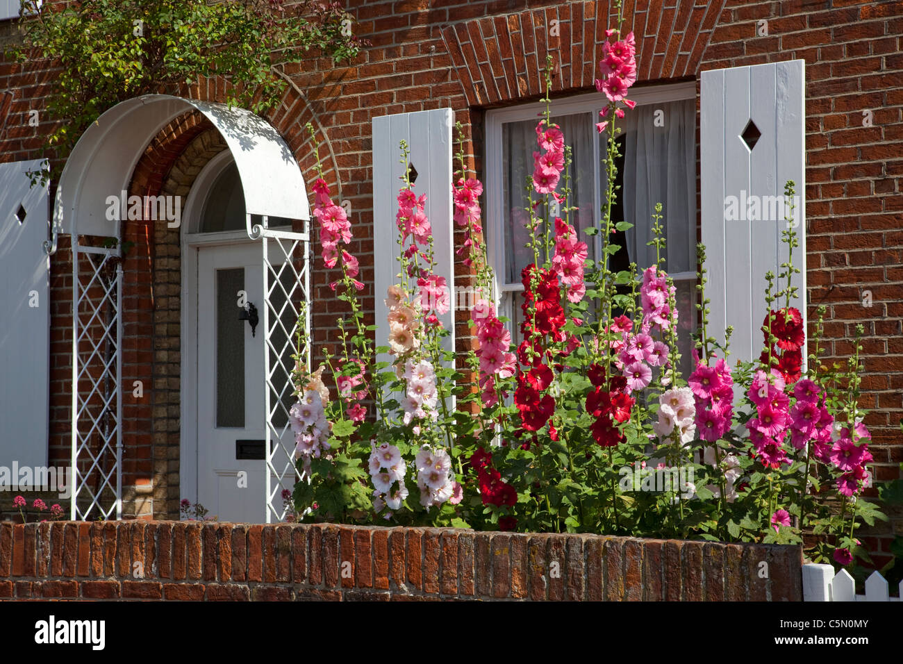 Front of english cottage with white metal porch, wooden window shutters and Hollyhocks in full bloom in garden Stock Photo