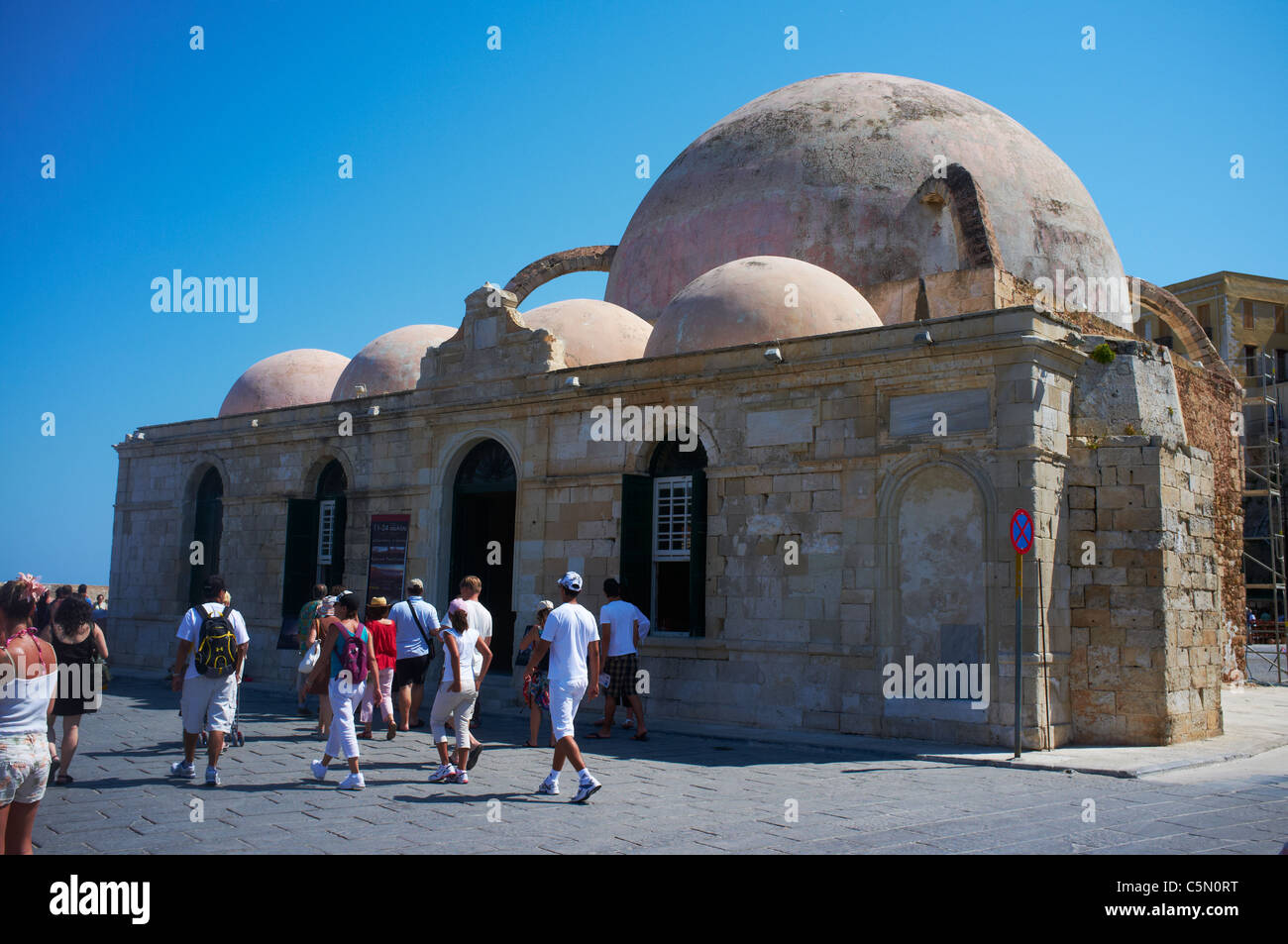 Kioutsouk Hassan Mosque on the Old Harbour Chania Crete Stock Photo