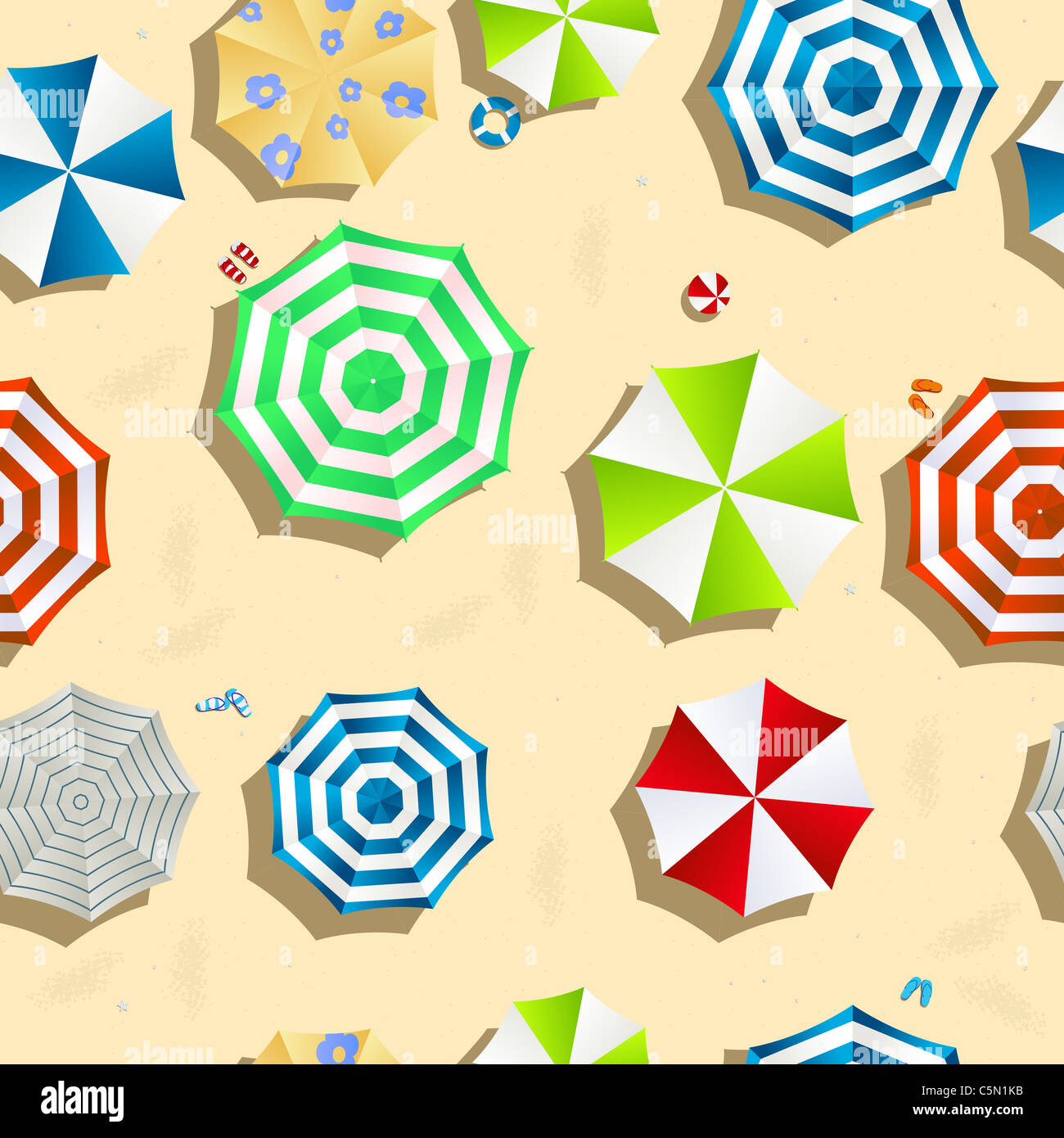 A beach background seamless pattern with color umbrellas, slippers and ...