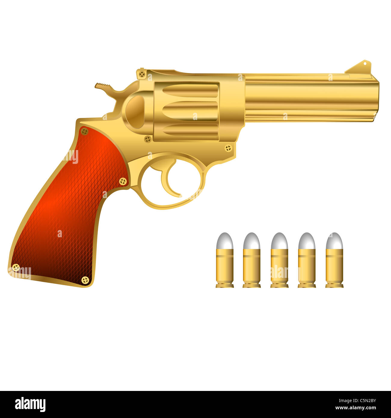 Golden revolver and bullets, isolated objects over white background Stock Photo