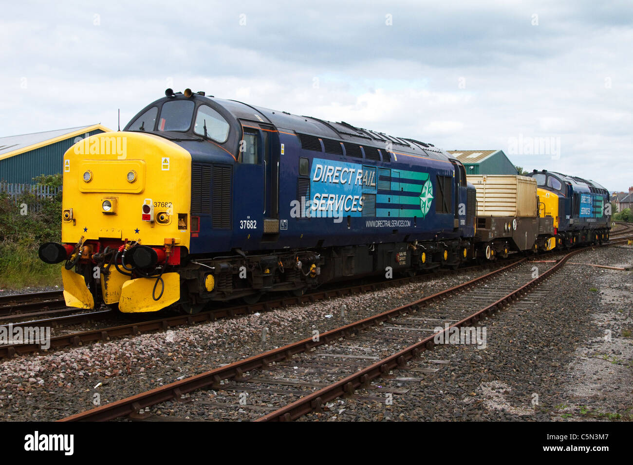 Direct Rail Service 37682 37688 Class 37 DRS Diesel Locomotives  Train Transporting Spent Nuclear Fuel Flask at Morecambe, Lancashire, UK Stock Photo