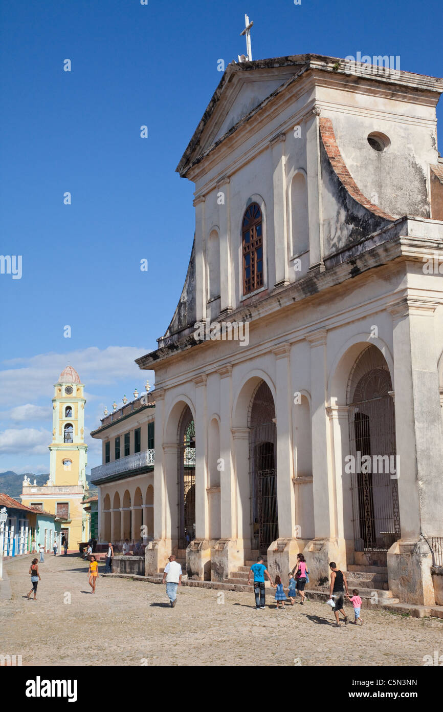 Cuba, Trinidad.  Church of the Holy Trinity.   Bell Tower of the Convent of San Francisco in the background. Stock Photo