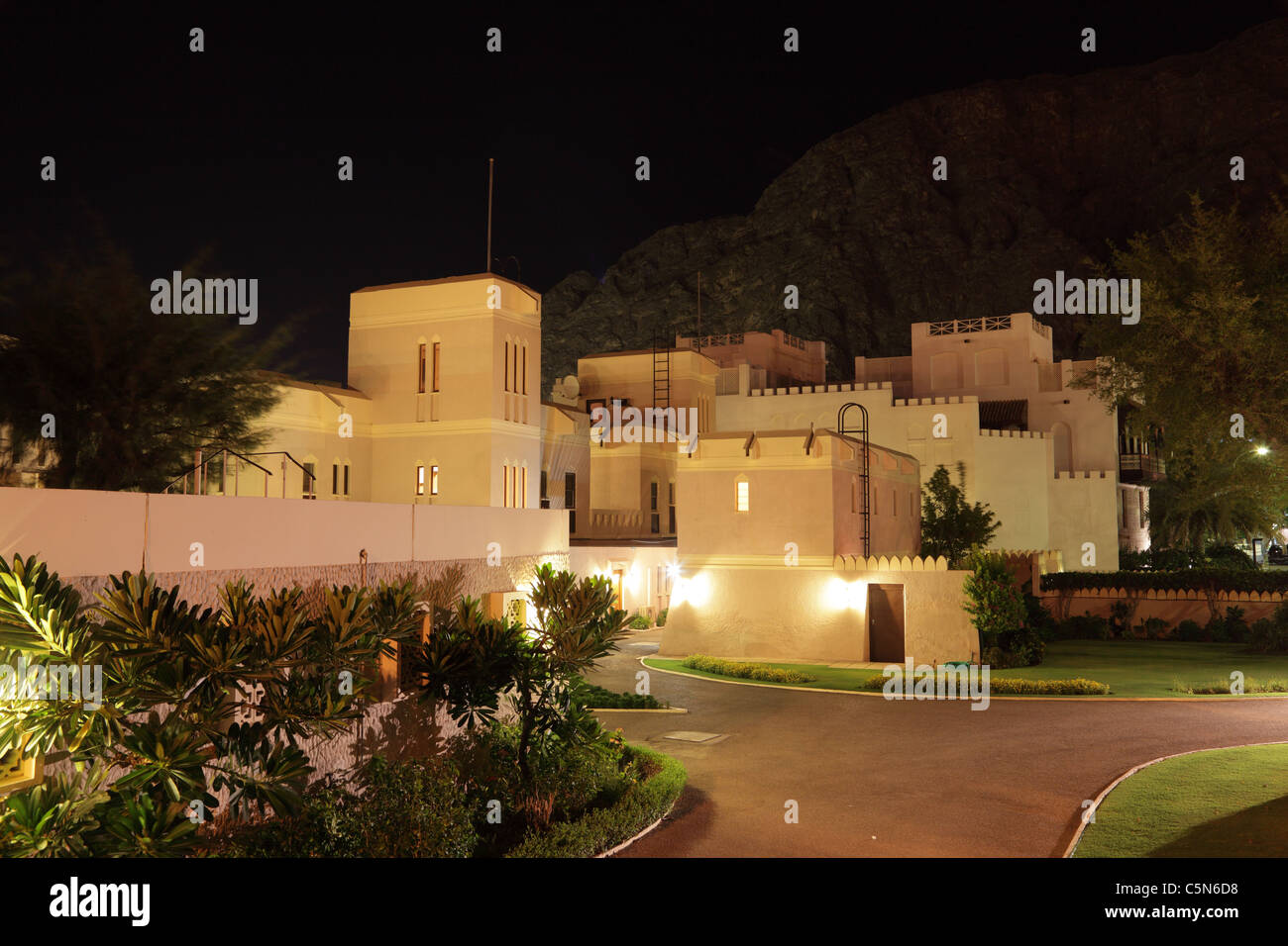 Residential buildings at night, Sultanate of Oman Stock Photo