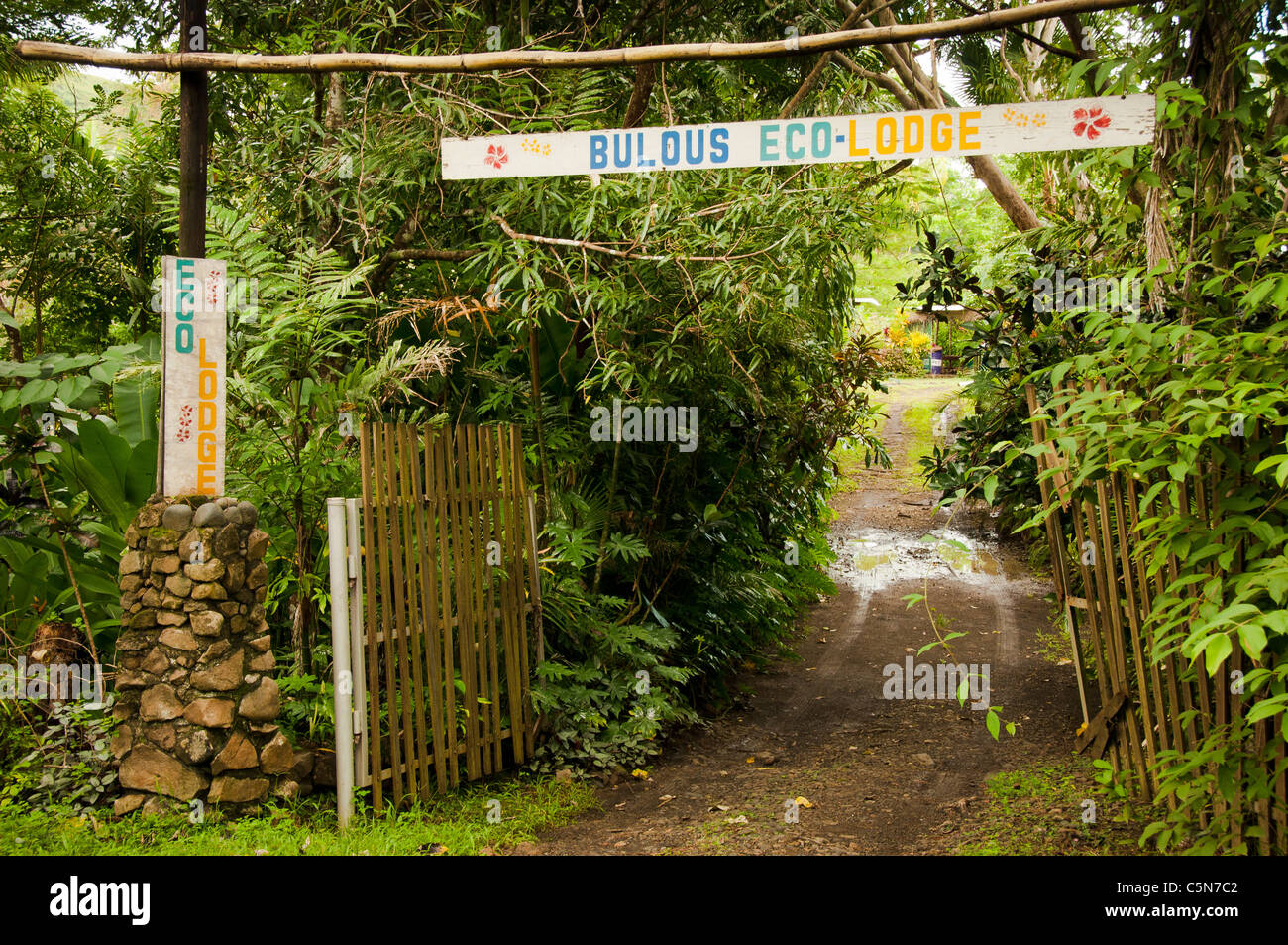 Entrance to Bulou's Eco Lodge, Navala Village, Viti Levu Island, Fiji. Stock Photo