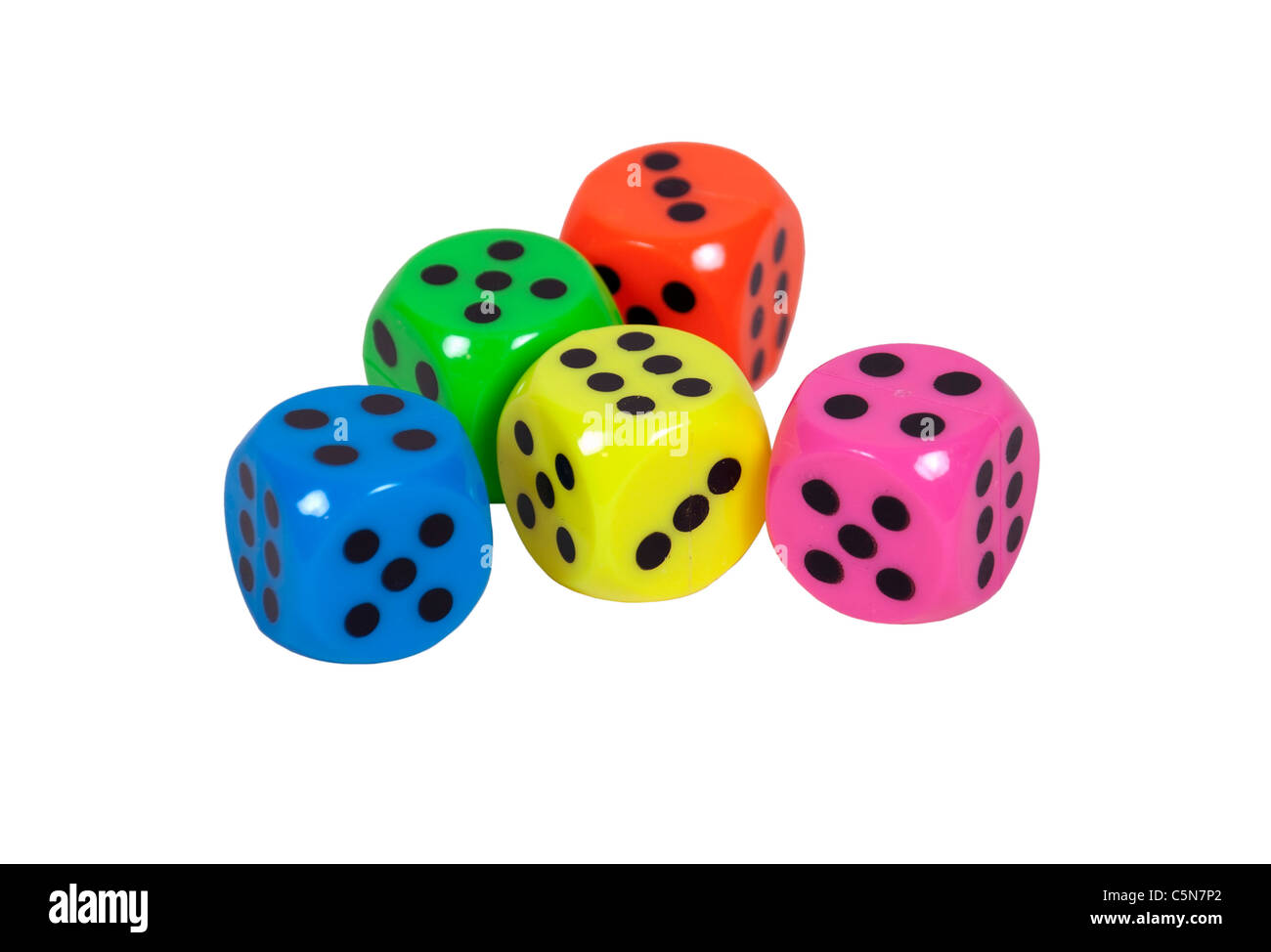 Bright chances shown by colorful dice used to gamble and make decisions