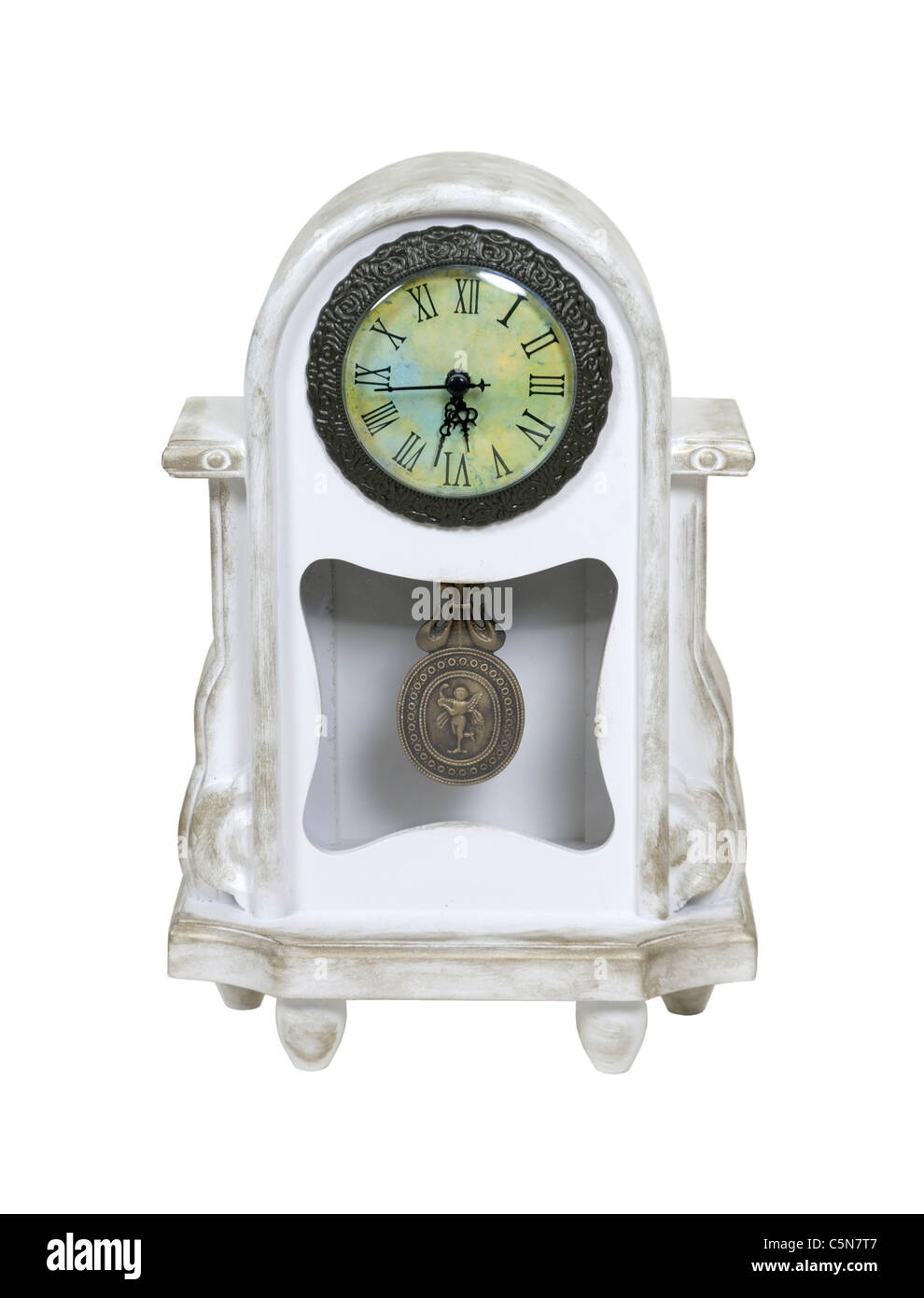 Formal whitewashed mantel clock with pendulum path included Stock