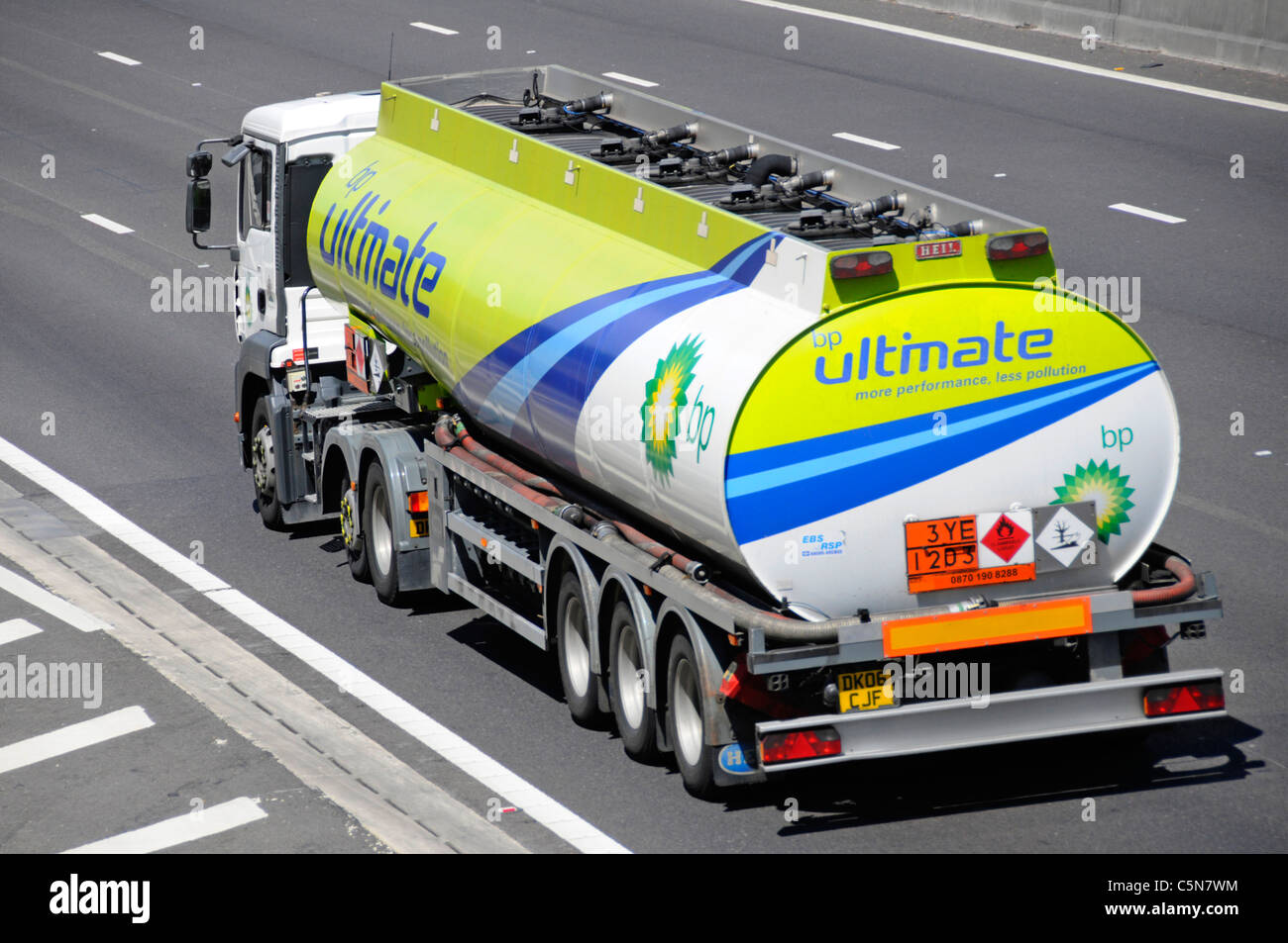 Above side & back view of BP supply chain tanker lorry truck with