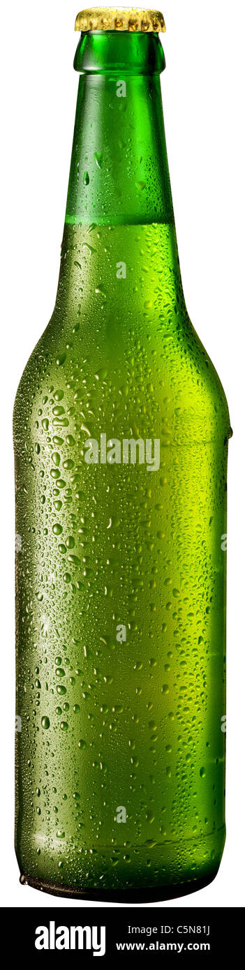 Bottle of beer with drops on white background. The file contains a path to cut. Stock Photo