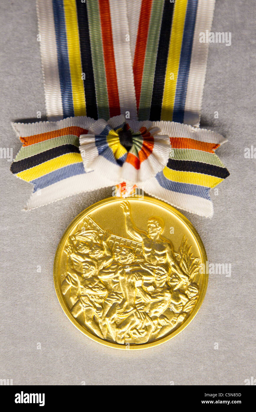 Gold medal for Tokyo Olympics : History of the Olympics in Japan. at Japan Mint in Osaka. Stock Photo