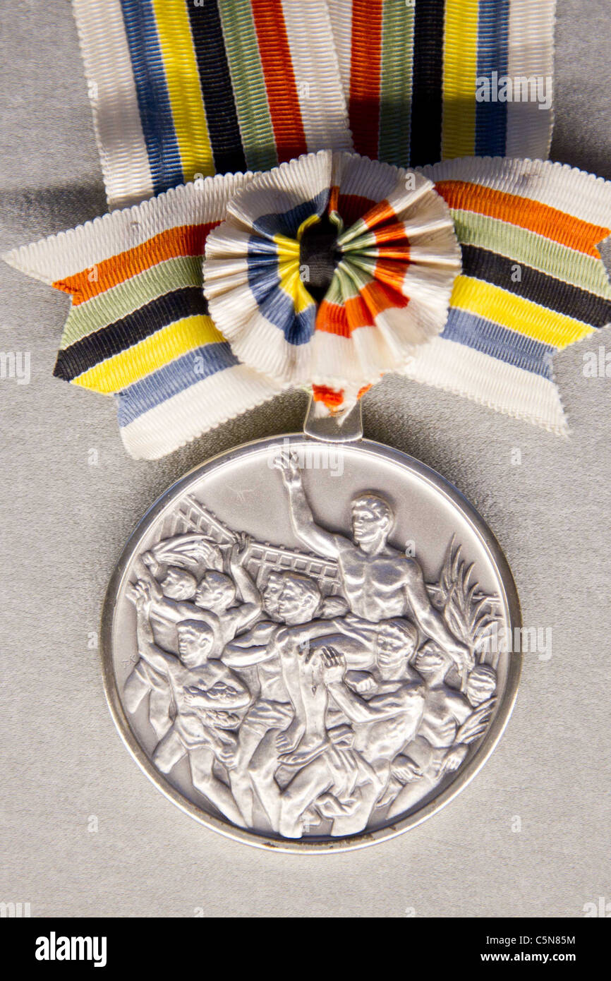 Silver medal for Tokyo Olympics : History of the Olympics in Japan. at Japan Mint in Osaka. Stock Photo