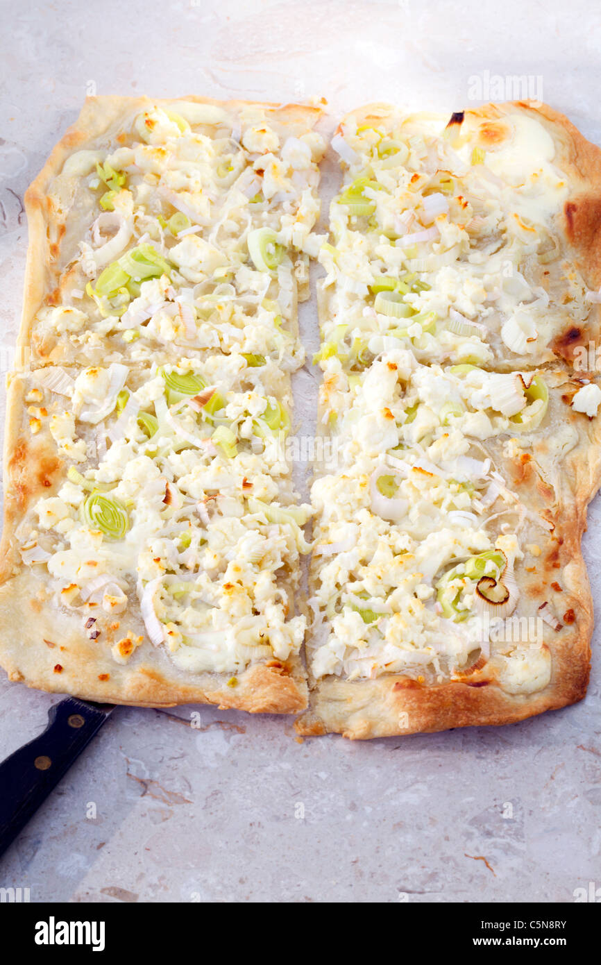 flammkuchen with feta cheese and leeks Stock Photo