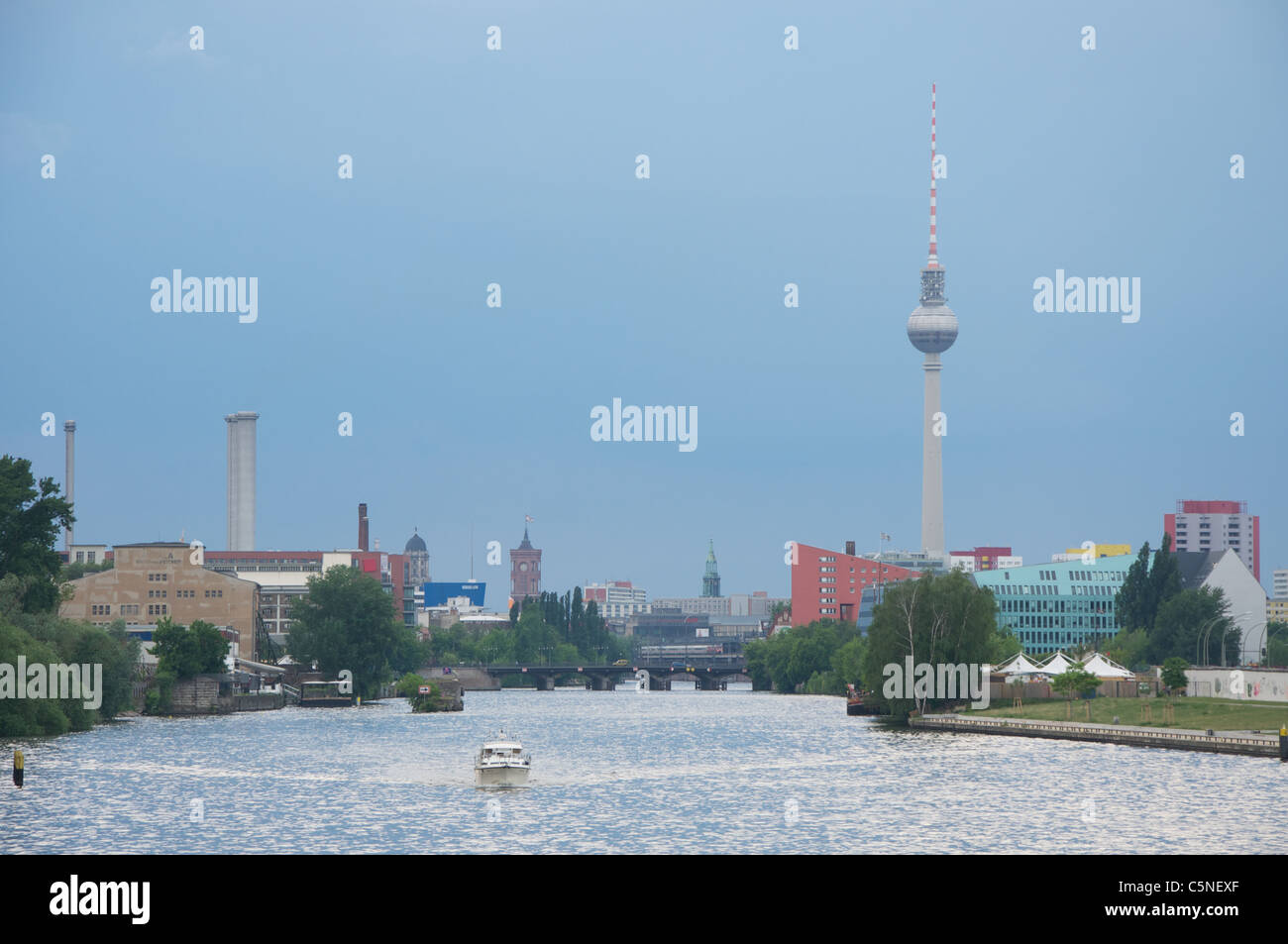 View of the River Spree and the Berlin skyline from the Oberbaumbridge into direction of Alexandeplatz Stock Photo