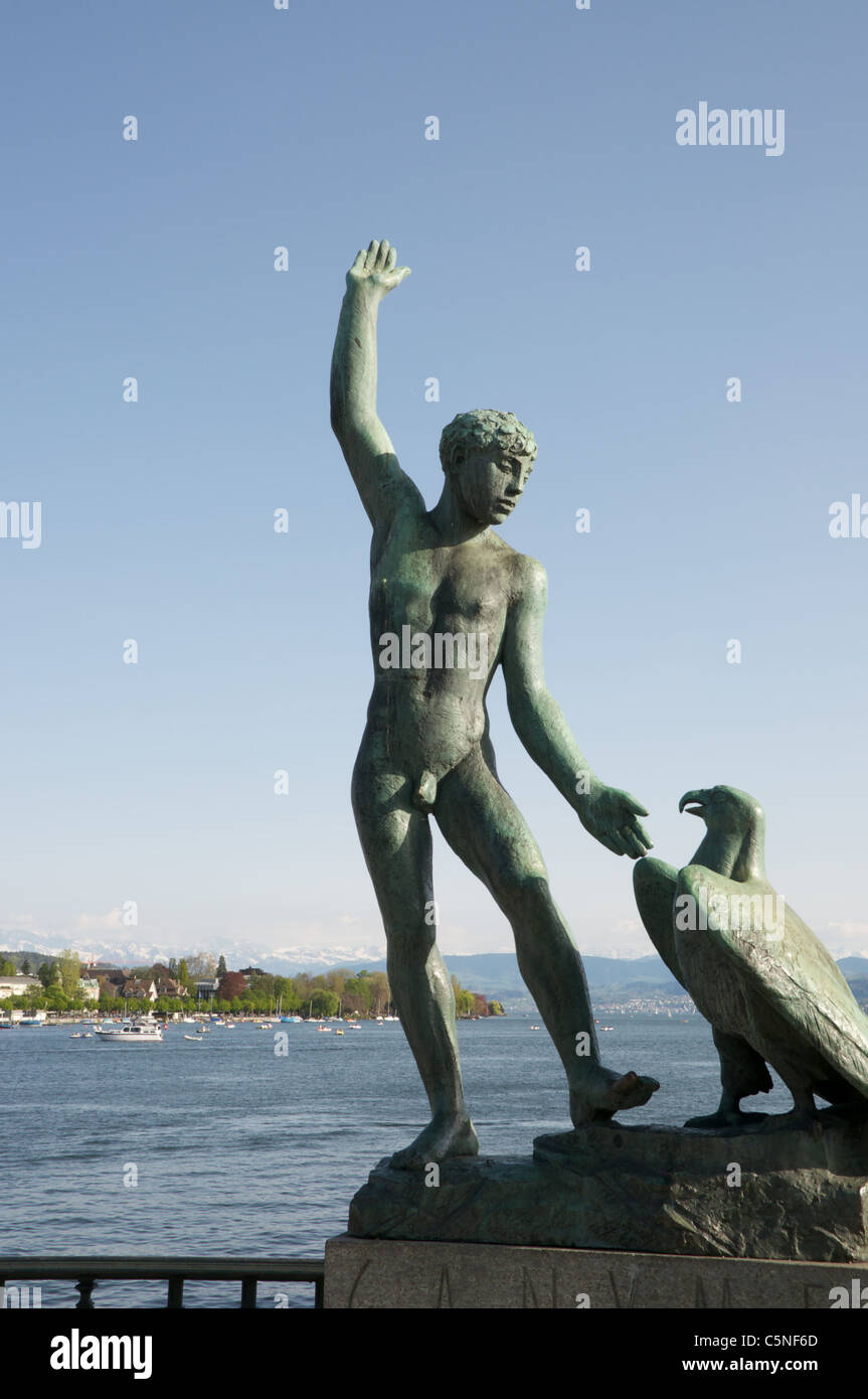 Full view of the Ganymede statue at the Bürkliplatz located on the shores of lake zurich Stock Photo