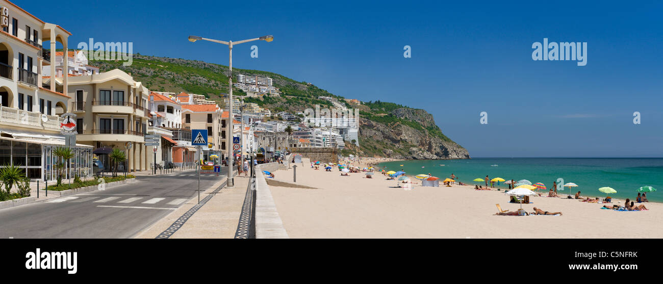 Portugal, Estremadura, Sesimbra, the beach and town Stock Photo