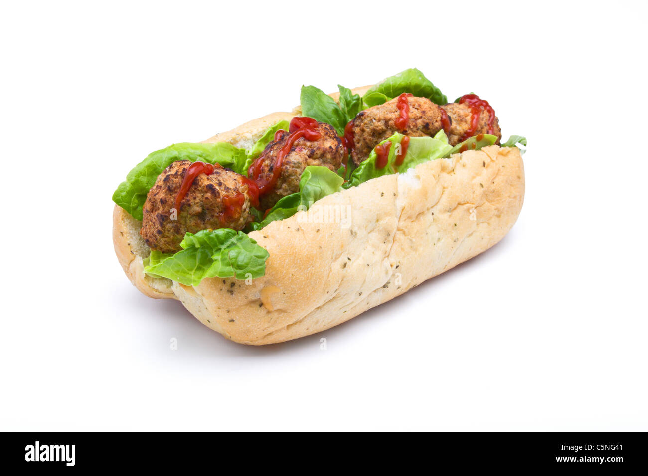 Meatball Sub Sandwich from low perspective isolated on white. Stock Photo