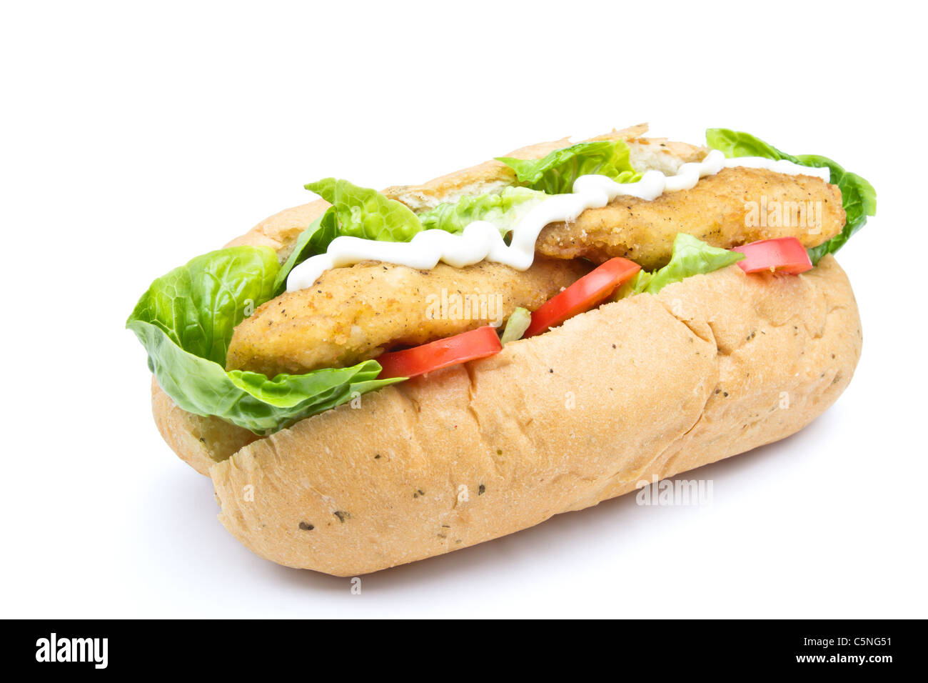Fried Chicken Sub sandwich from low perspective isolated on white. Stock Photo