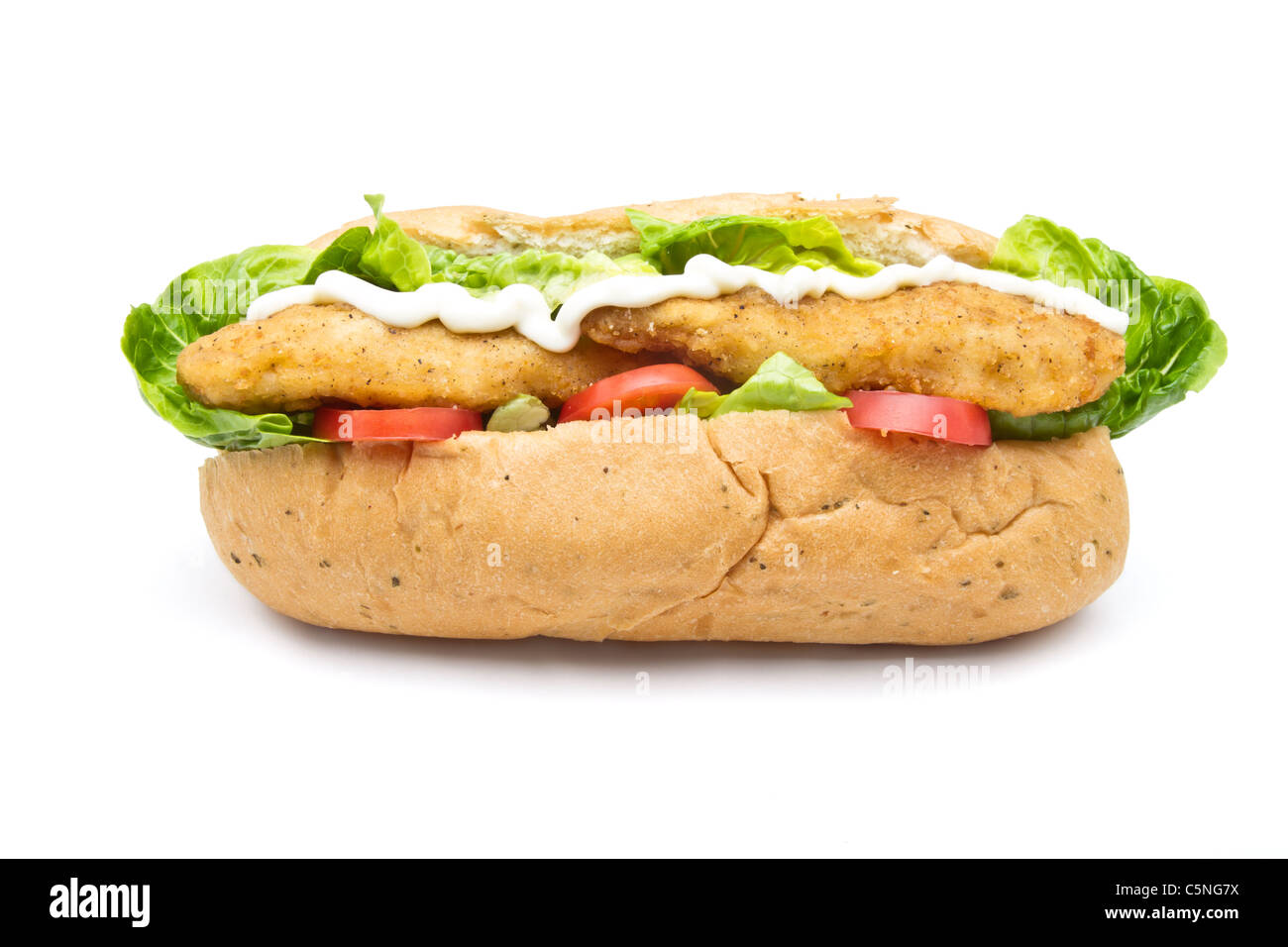 Fried Chicken Sub sandwich from low perspective isolated on white. Stock Photo