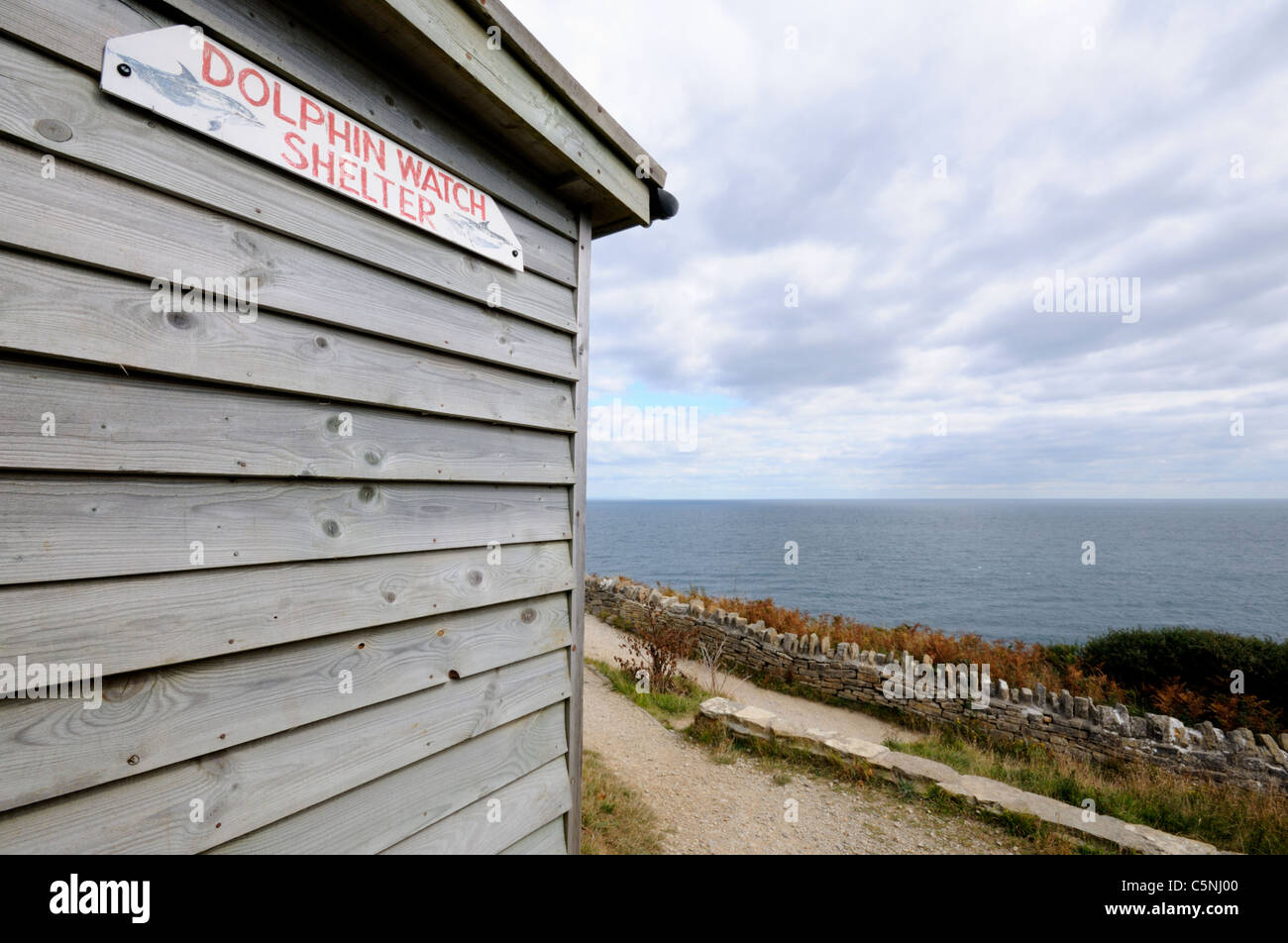 Dolphin Watch Shelter at Durlston Country Park, Swanage in Dorset Stock Photo