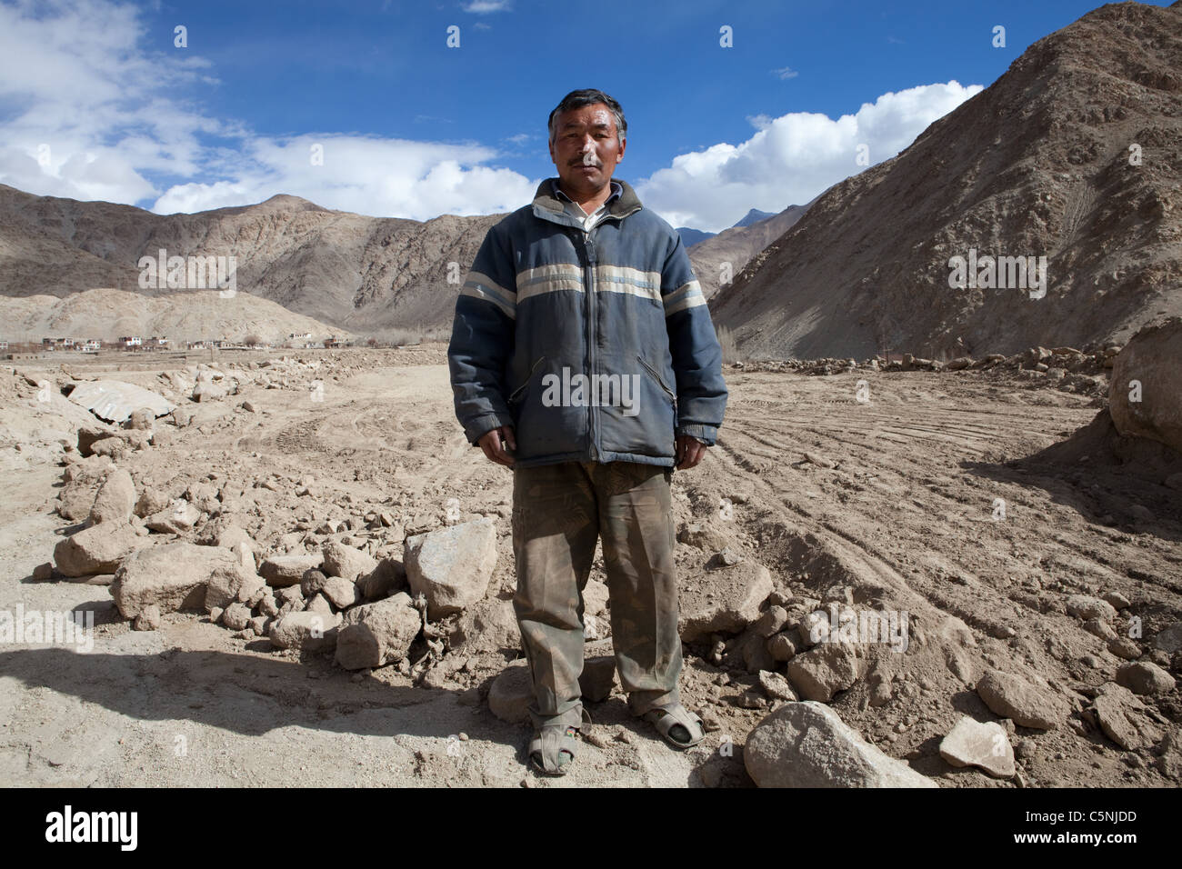 Tsewang Gelik (49) is a landowner in Igoo. 1.5 hectares of his land was destroyed in the floods. Stock Photo