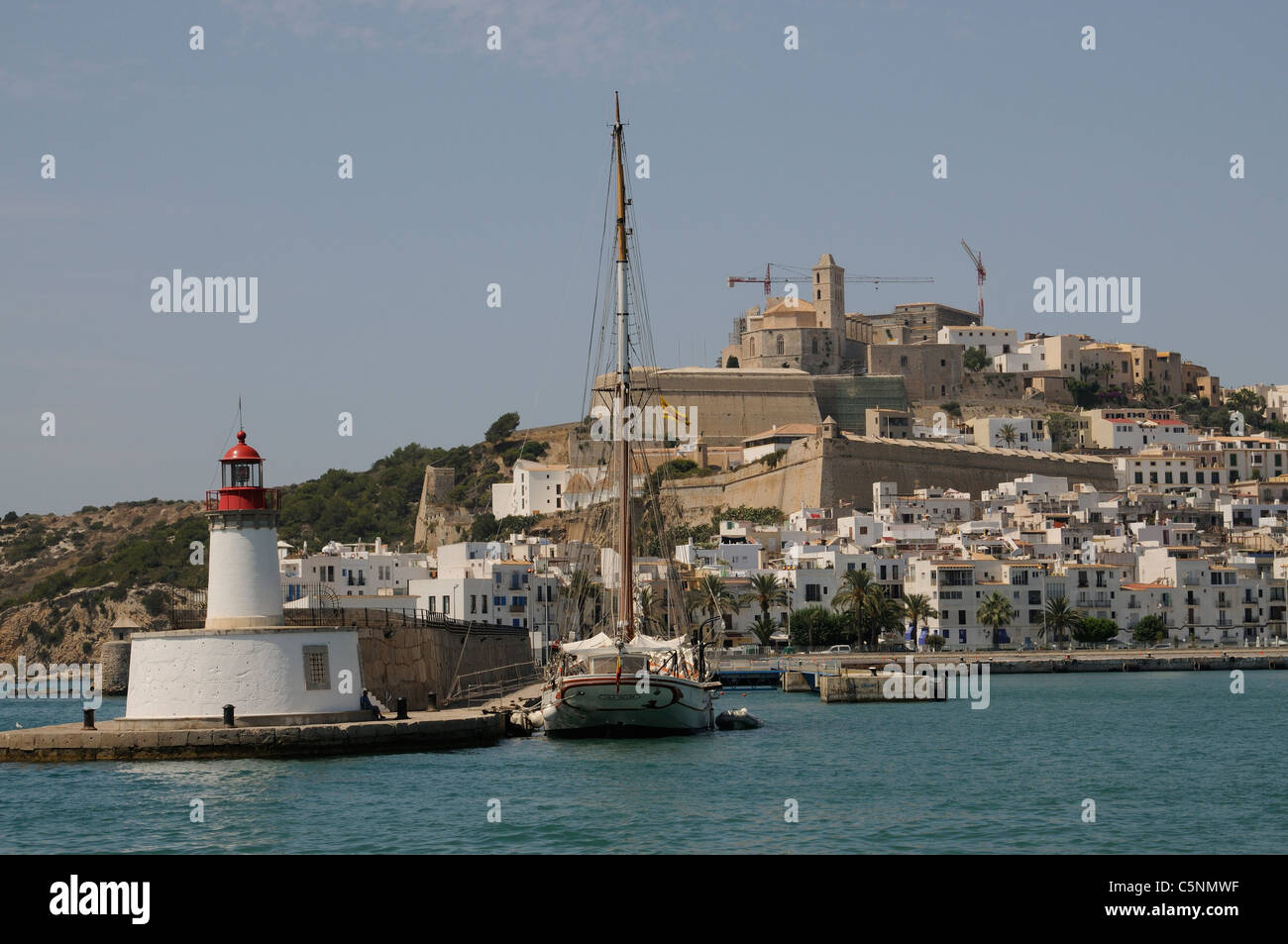 Harbour entrance at Eivissa Ibiza a Spanish Island in the Mediterranean Sea overlooked by the old town & Cathedral Stock Photo