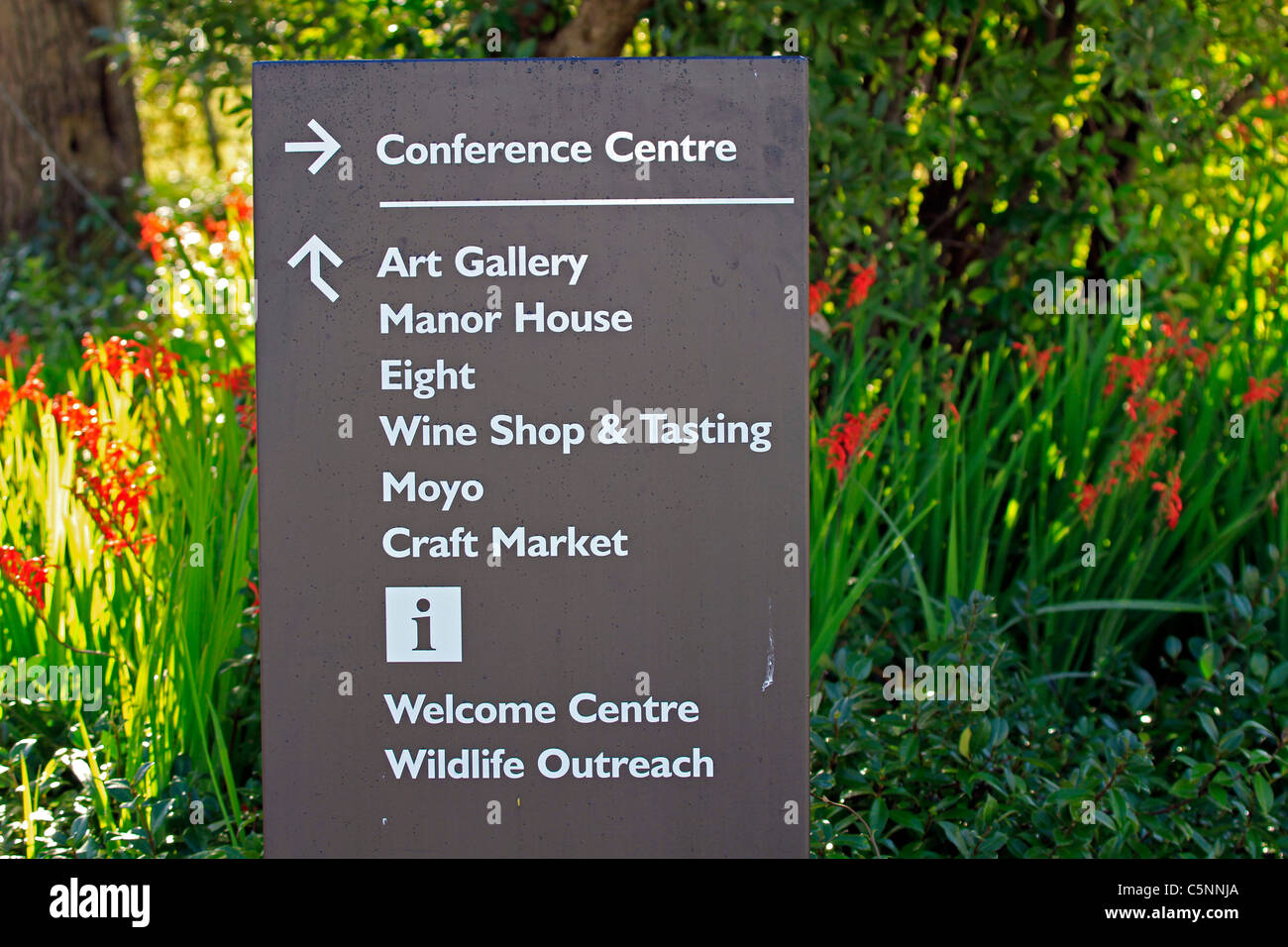 Information sign in garden at Spier wine farm & hotel, Stellenbosch