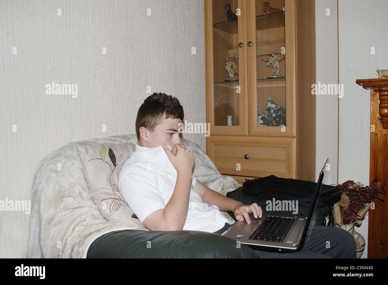 image of teenage boy on laptop in house Stock Photo