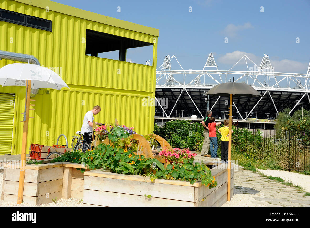 Visitors viewing the 2012 Olympic Site from the Greenway viewing area. Stock Photo