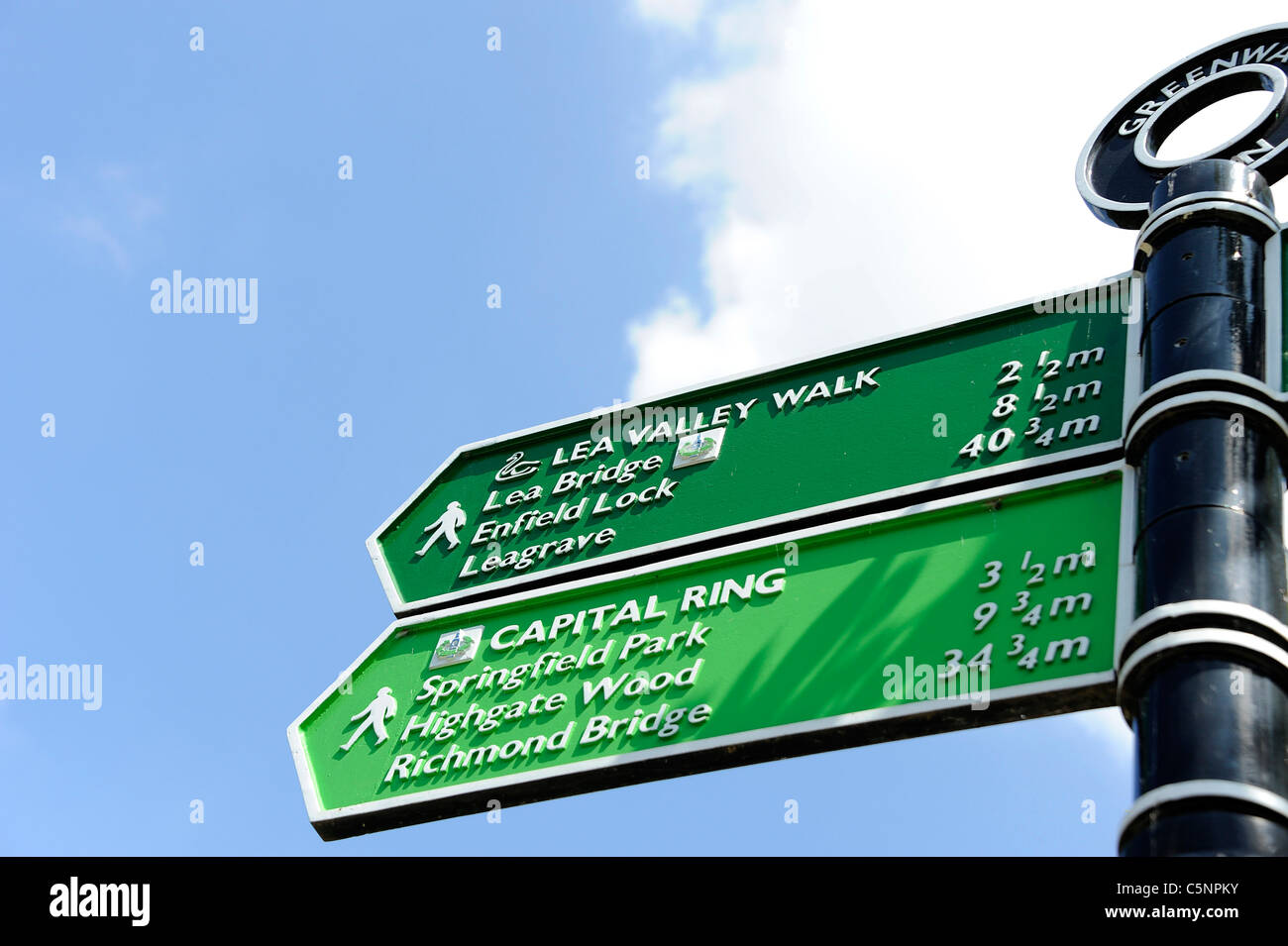 Signpost to Lea Valley Walk, East London, on the 2012 Summer Olympic Venue. Stock Photo