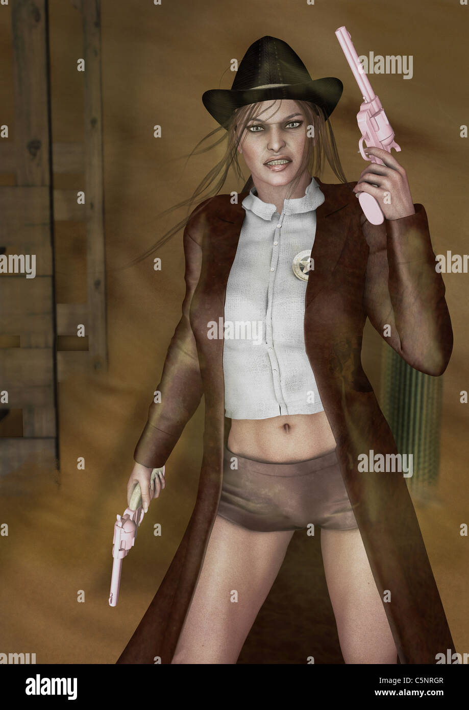 3d image of female sherriff in wild west Stock Photo