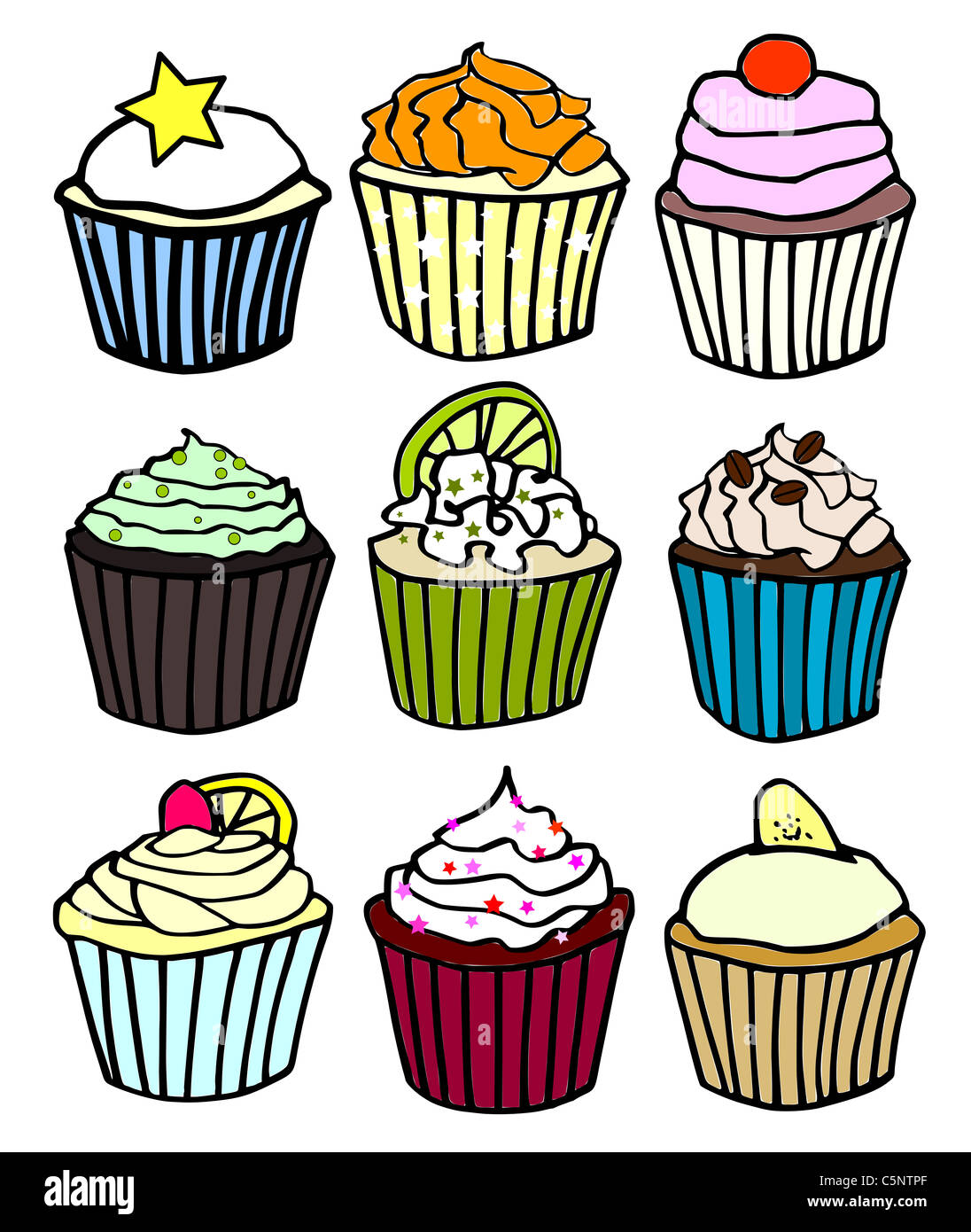 Nine homemade cupcakes for inspiration: orange, limoncello, cherry, Irish cream, key lime, espresso, banana and red velvet cupcakes. Stock Photo