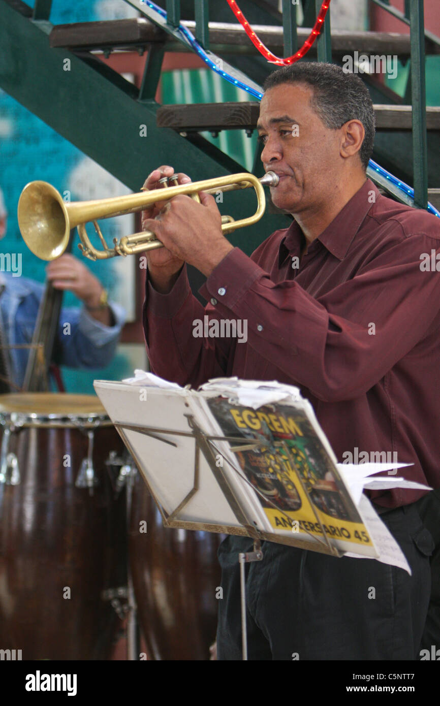 Cuba, Havana. Trumpet Player in Restaurant. Stock Photo