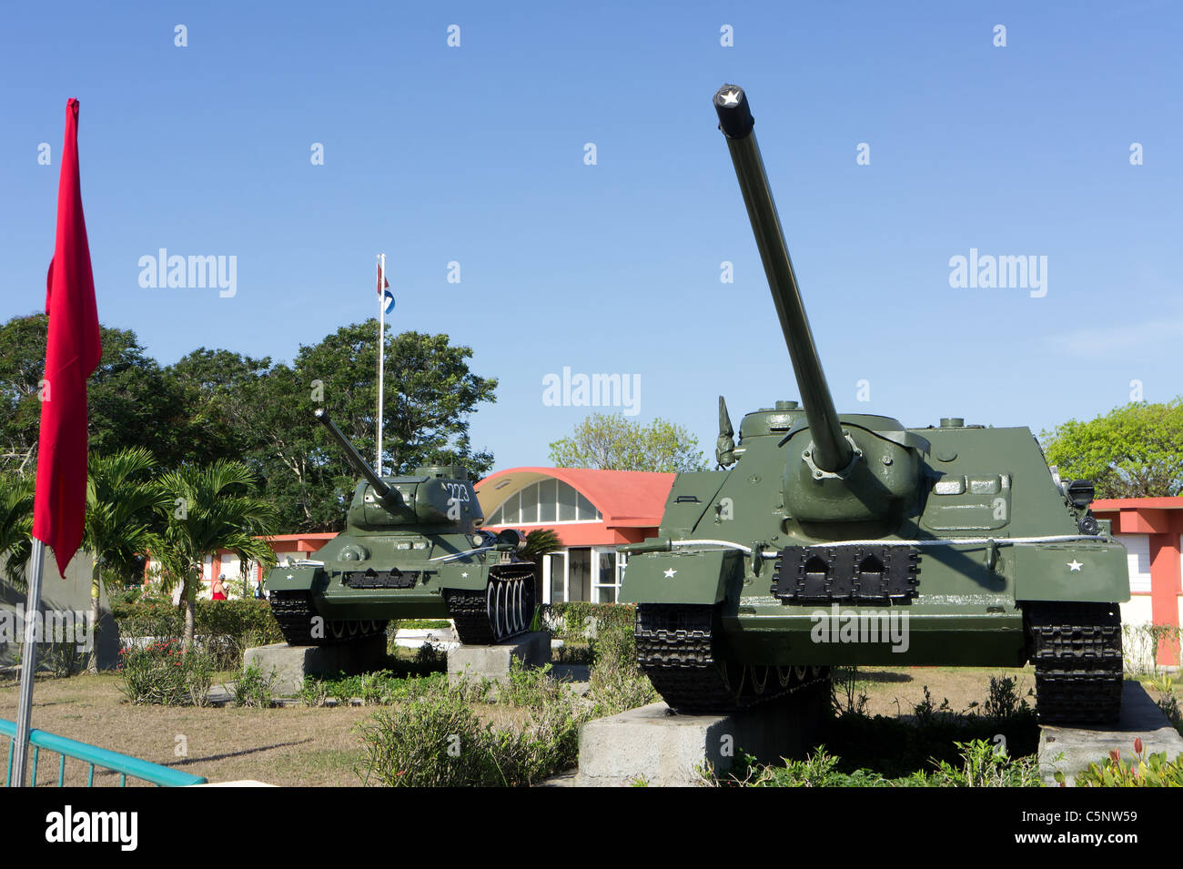 An SU-100 Soviet tank destroyer and a T-34 Soviet tank at the Museum of the Bay of Pigs invasion, Playa Giron, Cuba. Stock Photo
