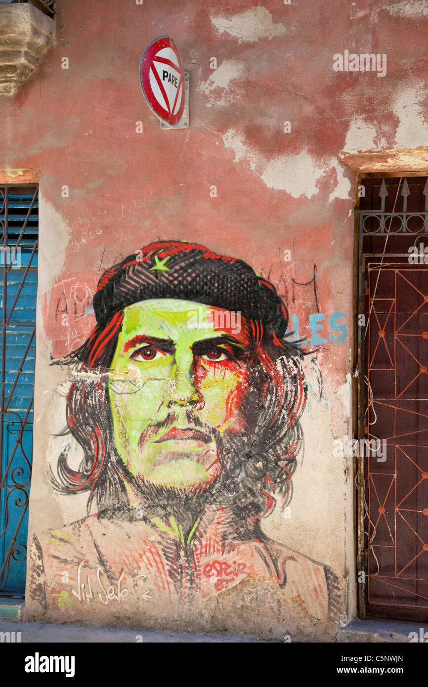 Cuba, Havana. Che Guevara Painting on the Side of a Building, Old Havana. Stock Photo